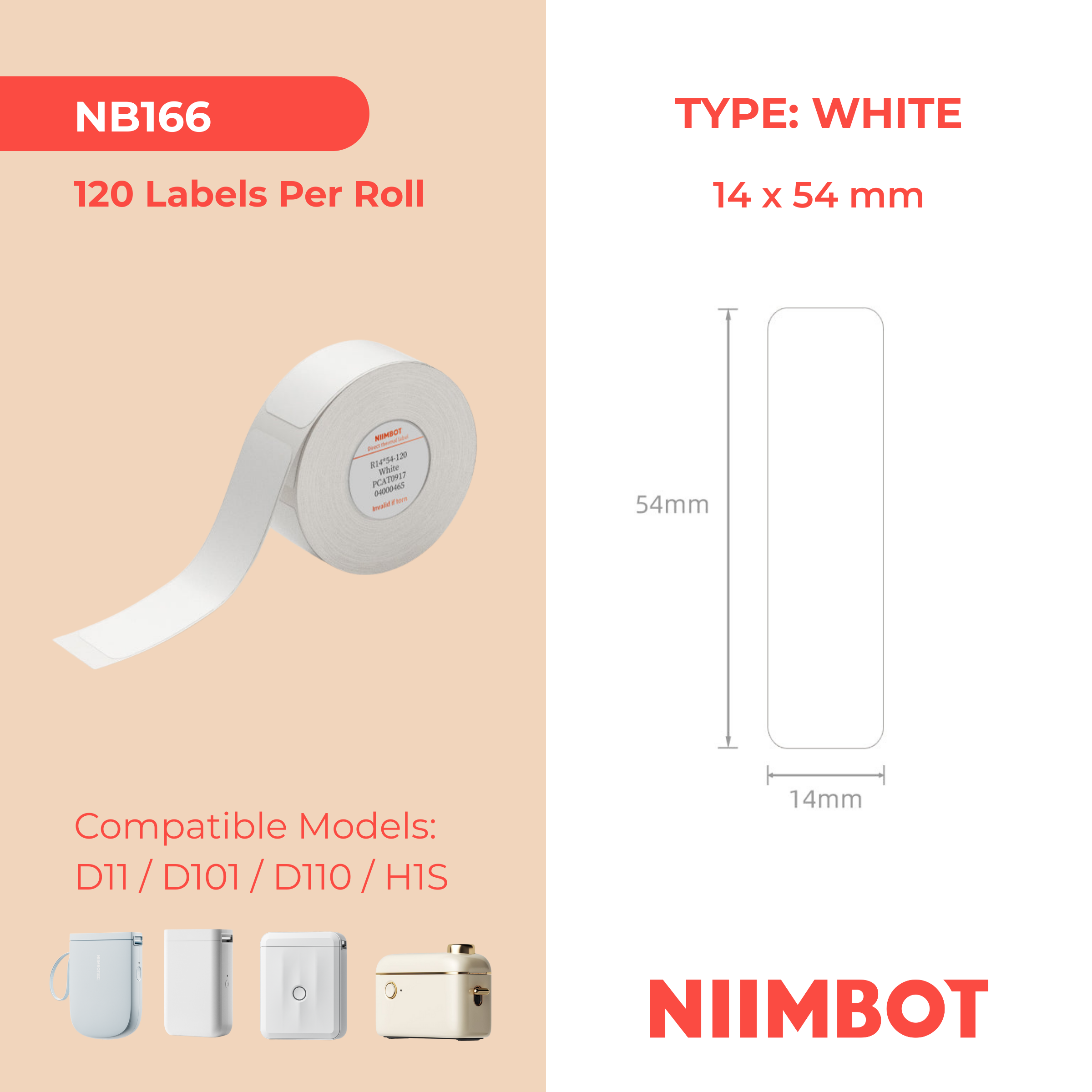 NB166 - NIIMBOT - D11 / D101 / D110 / H1S - 14X54MM - 120 LABELS PER ROLL - WHITE