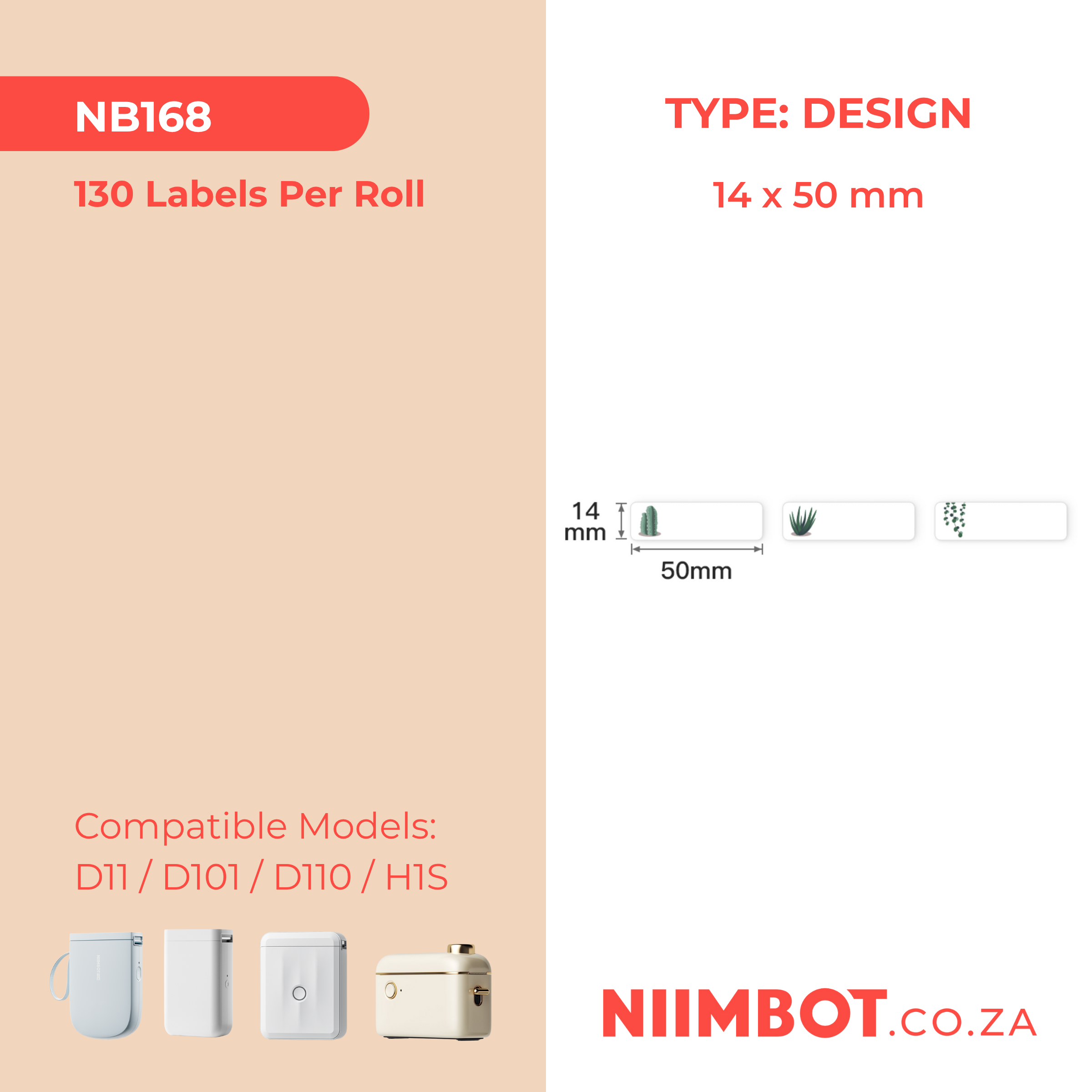 NB168 - NIIMBOT - D11 / D101 / D110 - 14*50MM - 130 LABELS PER ROLL - SUCCULENT B DESIGN