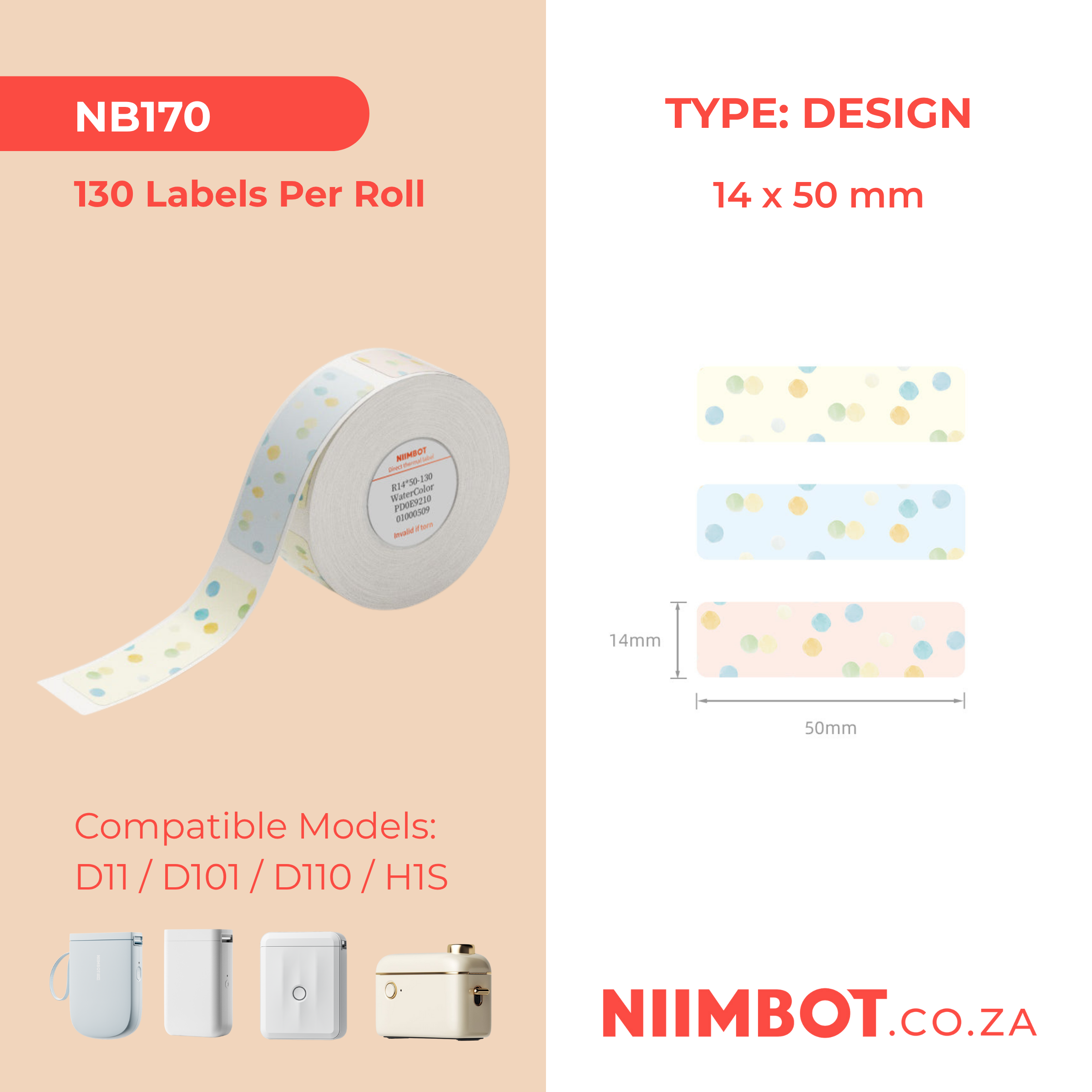NB170 - NIIMBOT - D11 / D101 / D110 - 14*50MM - 130 LABELS PER ROLL - WATERCOLOUR DESIGN