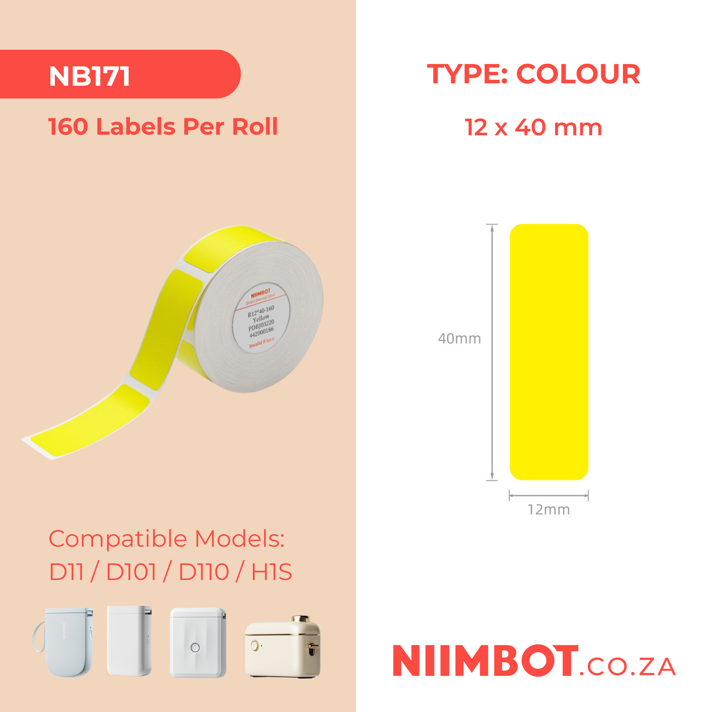 NB171 - NIIMBOT - D11 / D101 / D110 - 12*40MM - 160 TERMIESE ETIKETTE - HELDERGEEL ONTWERP