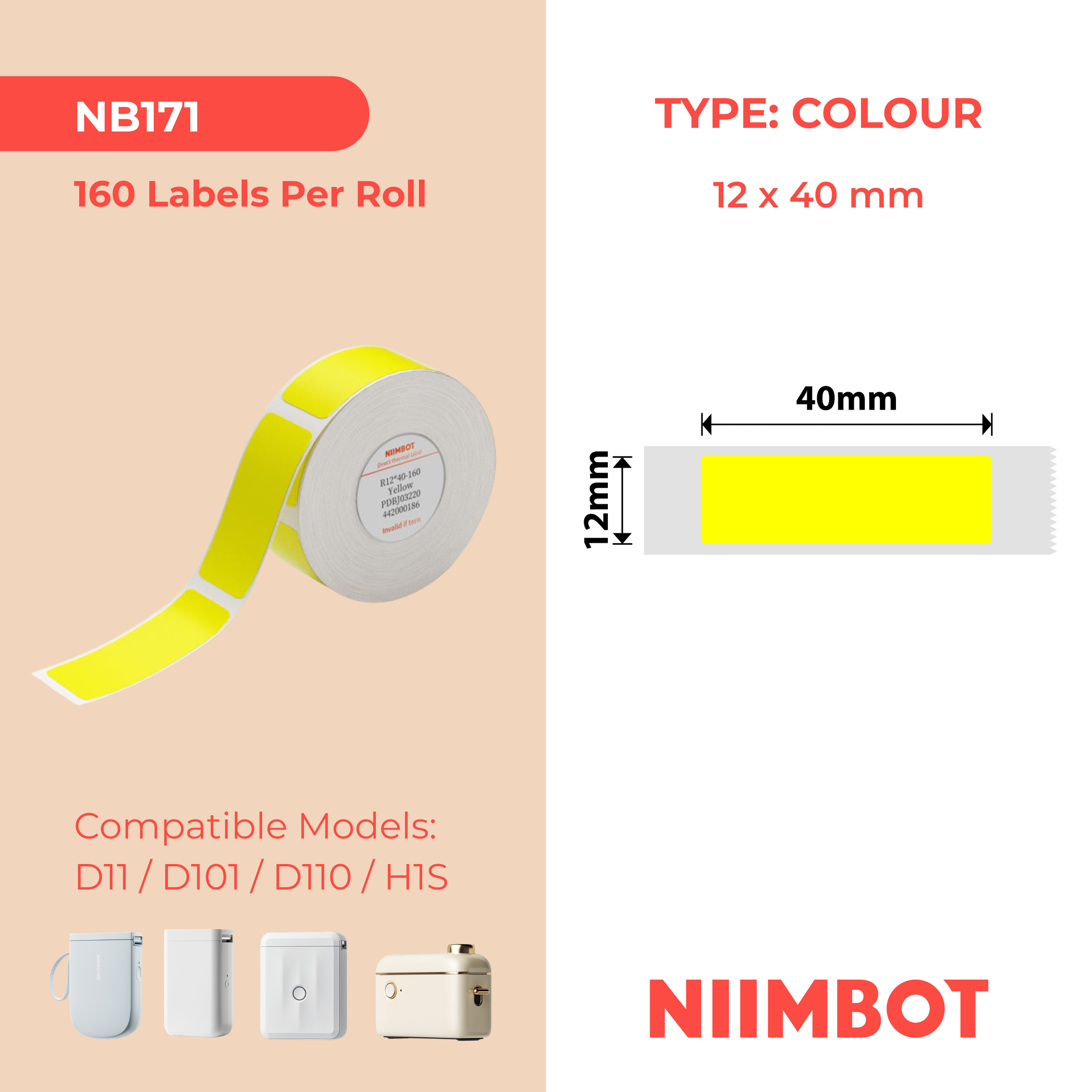 I-NB171 - NIIMBOT - D11 / D101 / D110 - 12*40MM - 160 AMALEBELE OKUTHETHAYO - UKWENZIWA OKUTHUMELI OKUQALA