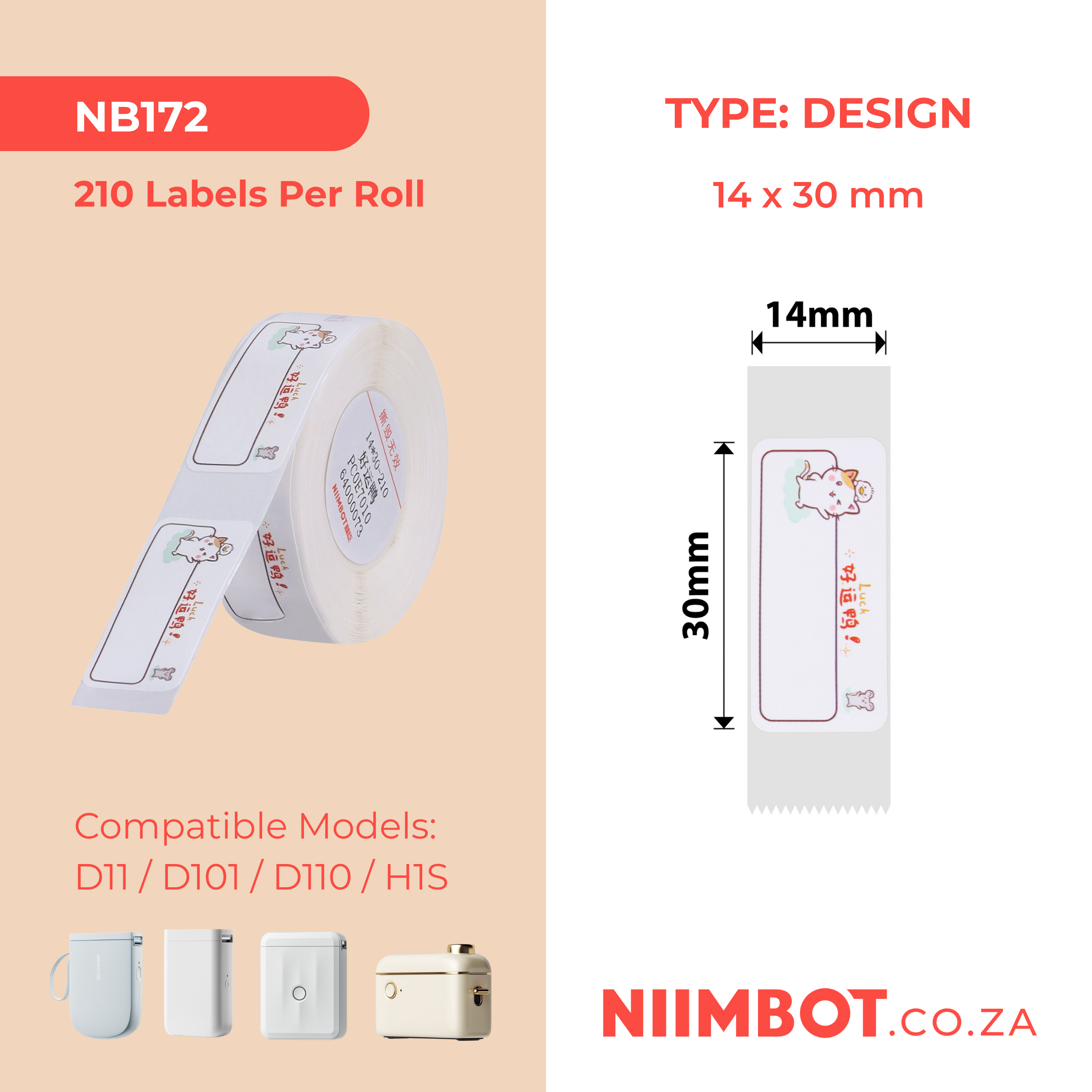 NB172 - NIIMBOT - D11 / D101 / D110 - R14*30 - 210 ETIKETTE PER ROL - GELUKKIGE EENDONTWERP