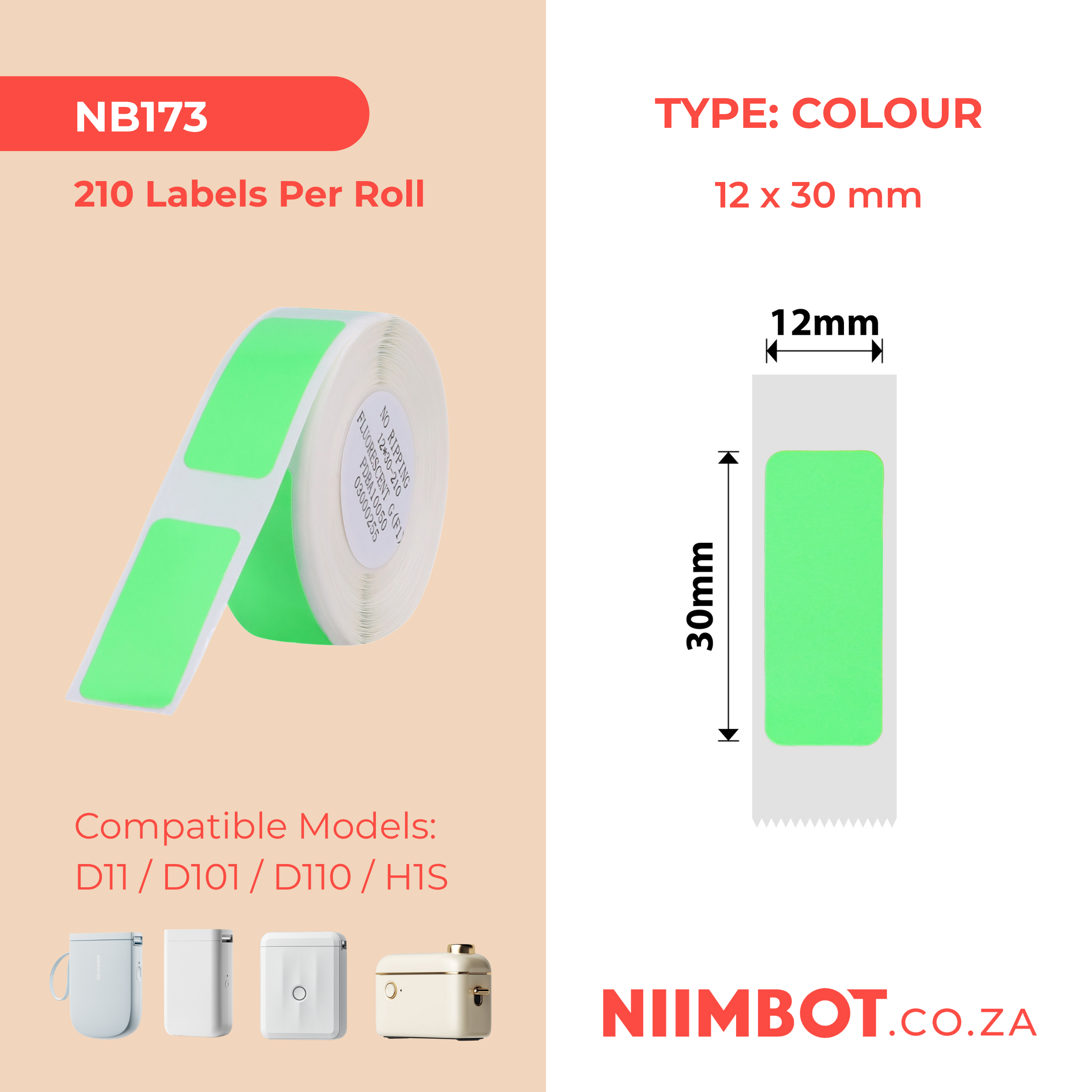 NB173 - NIIMBOT - D11 / D101 / D110 - R12*30 - 210 ETIKETTE PER ROL - HELDERGROEN ONTWERP