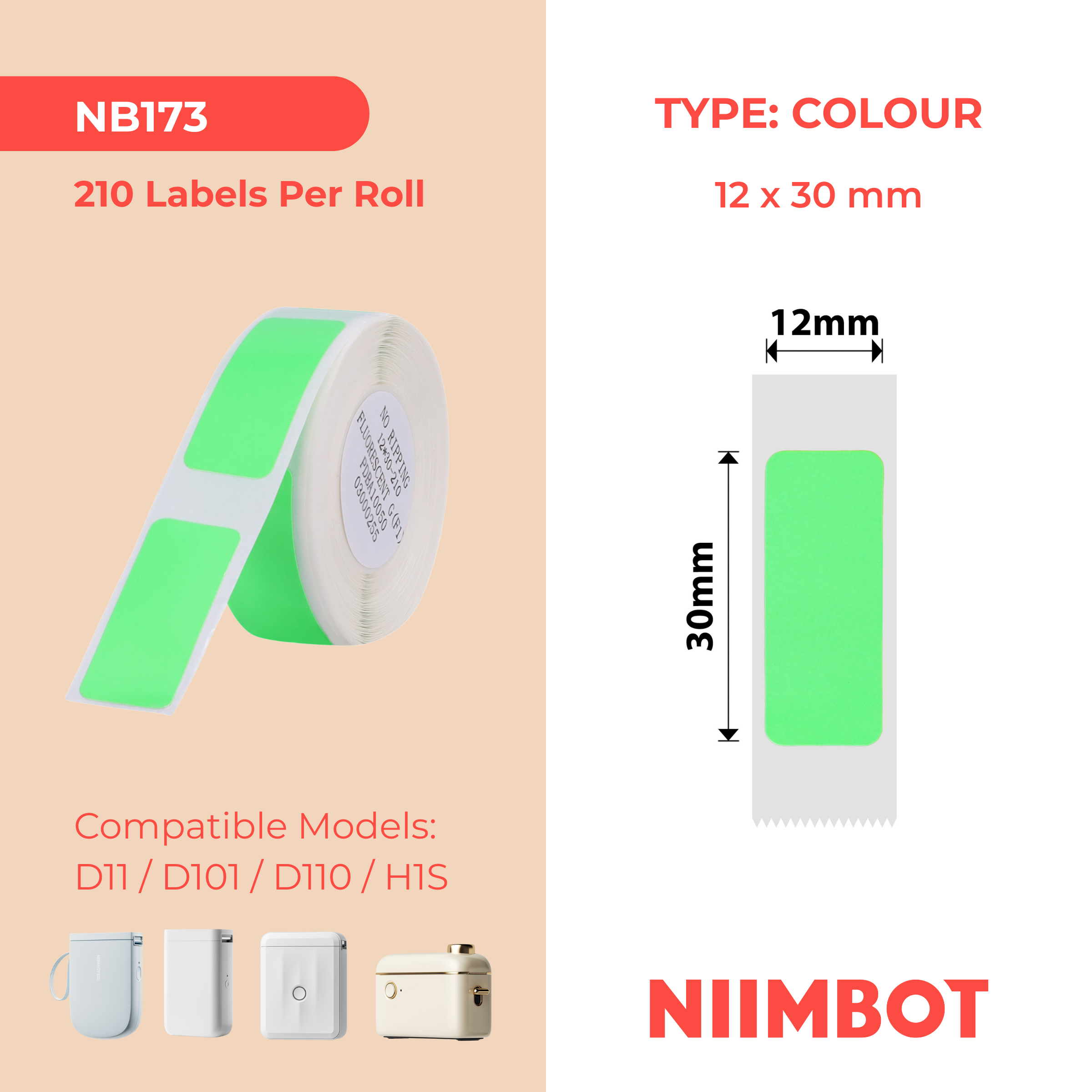 NB173 - NIIMBOT - D11 / D101 / D110 / H1S - R12X30MM - 210 LABELS PER ROLL - BRIGHT GREEN DESIGN