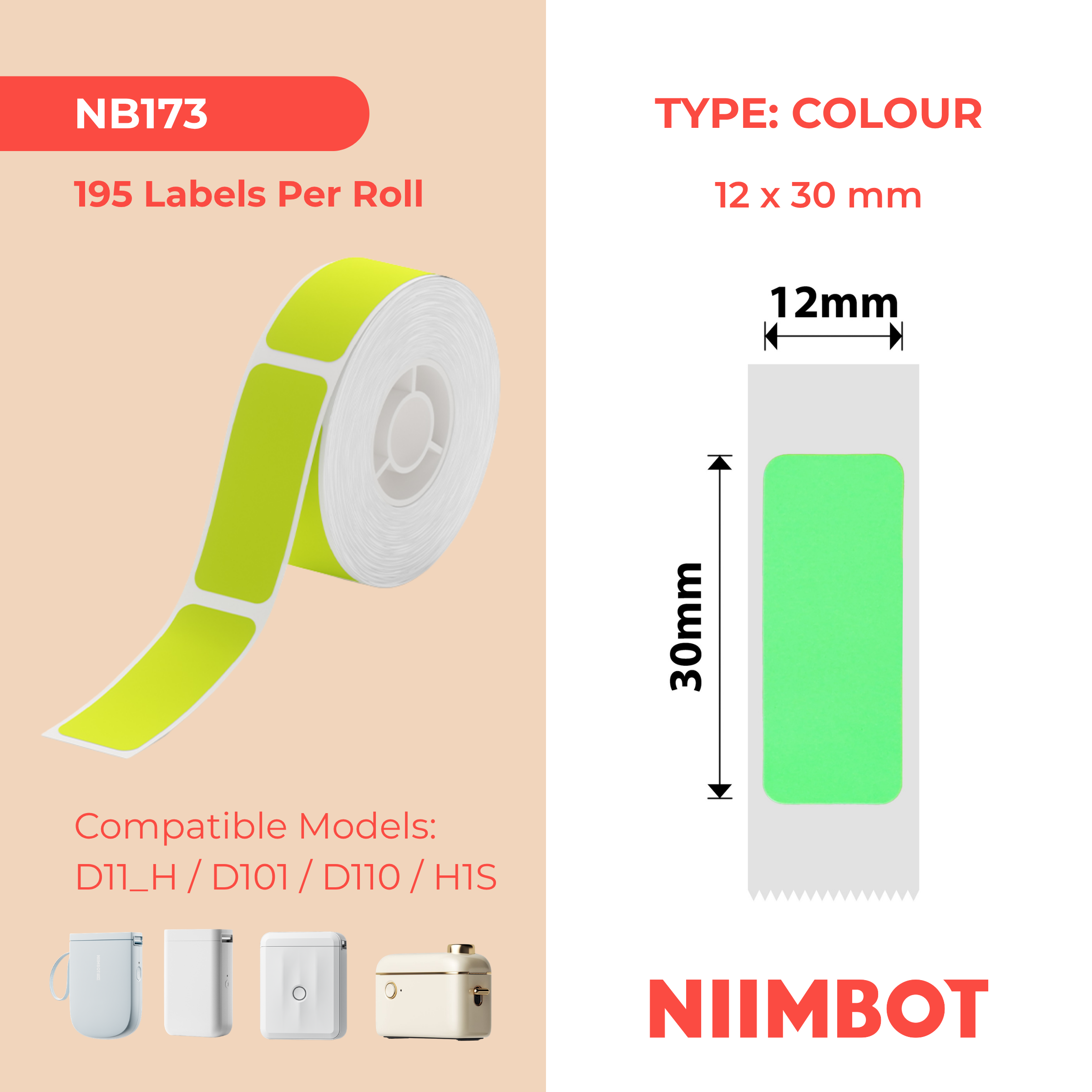 NIIMBOT - D Range - 12x30mm - Fluorescent Green - 195 Labels