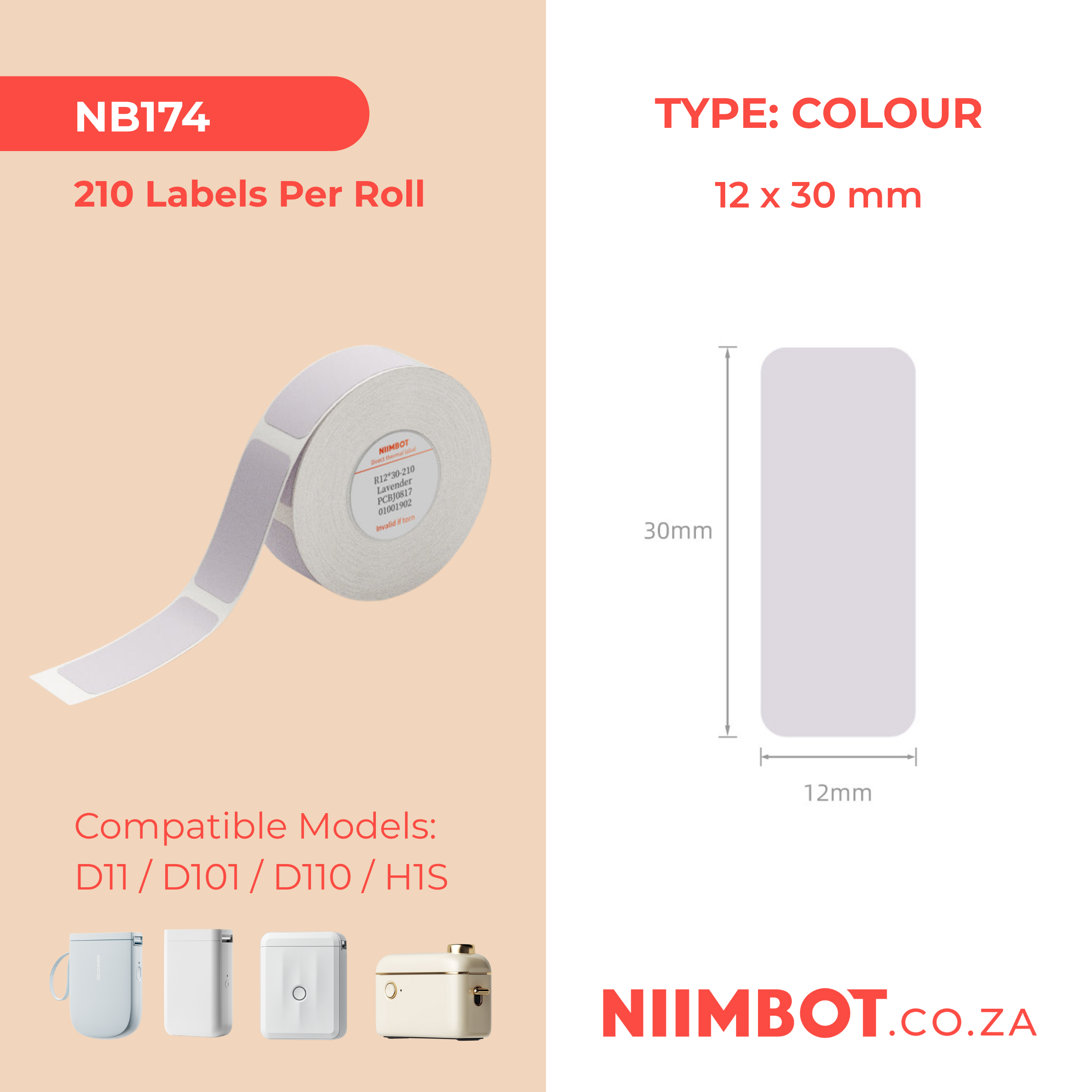 NB174 - NIIMBOT - D11 / D101 / D110 - 12X30mm - 210 ETIKETTE PER ROL - EFFEN LAVENDELKLEUR