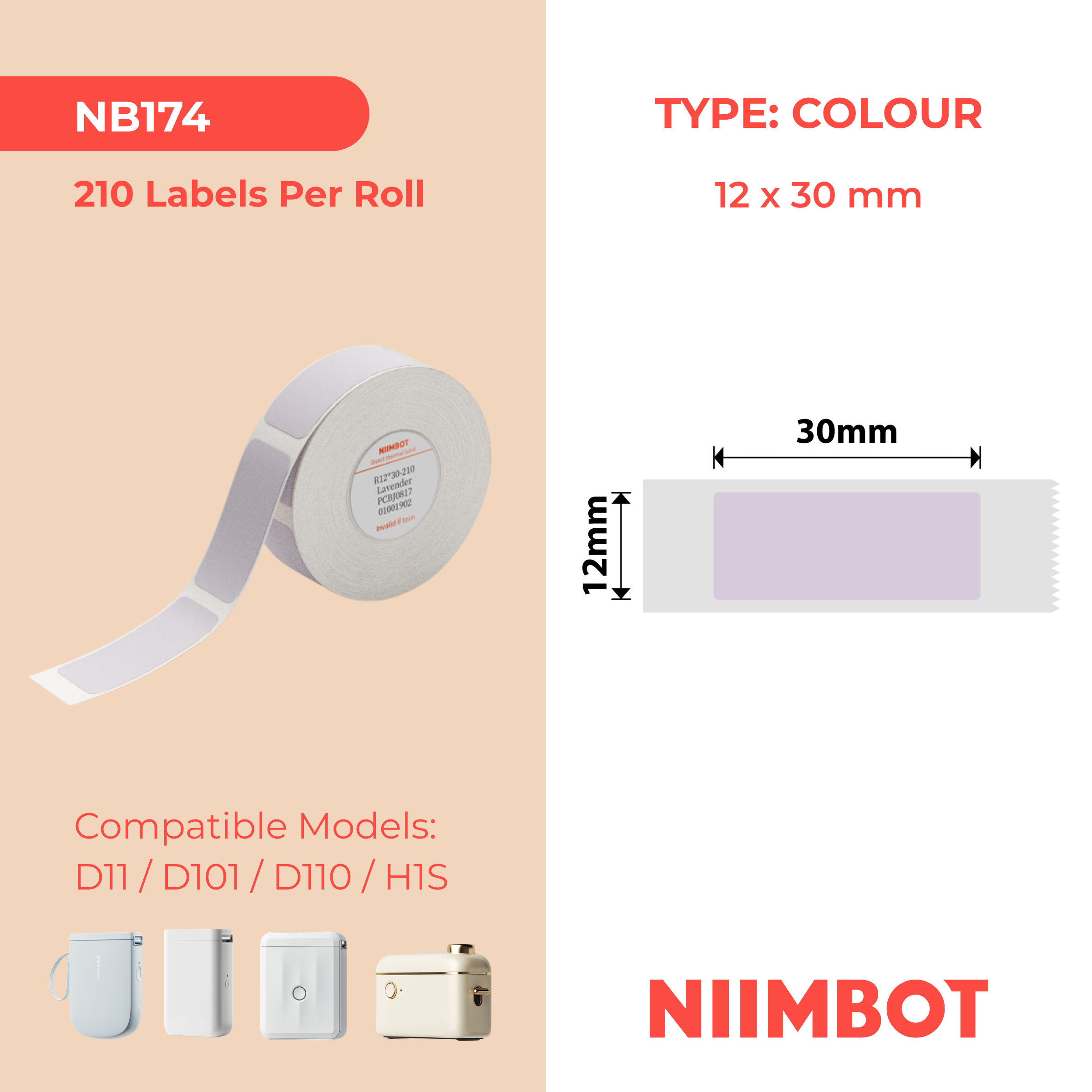 NB174 - NIIMBOT - D11 / D101 / D110 / H1S - 12X30MM - 210 LAVENDER LABELS