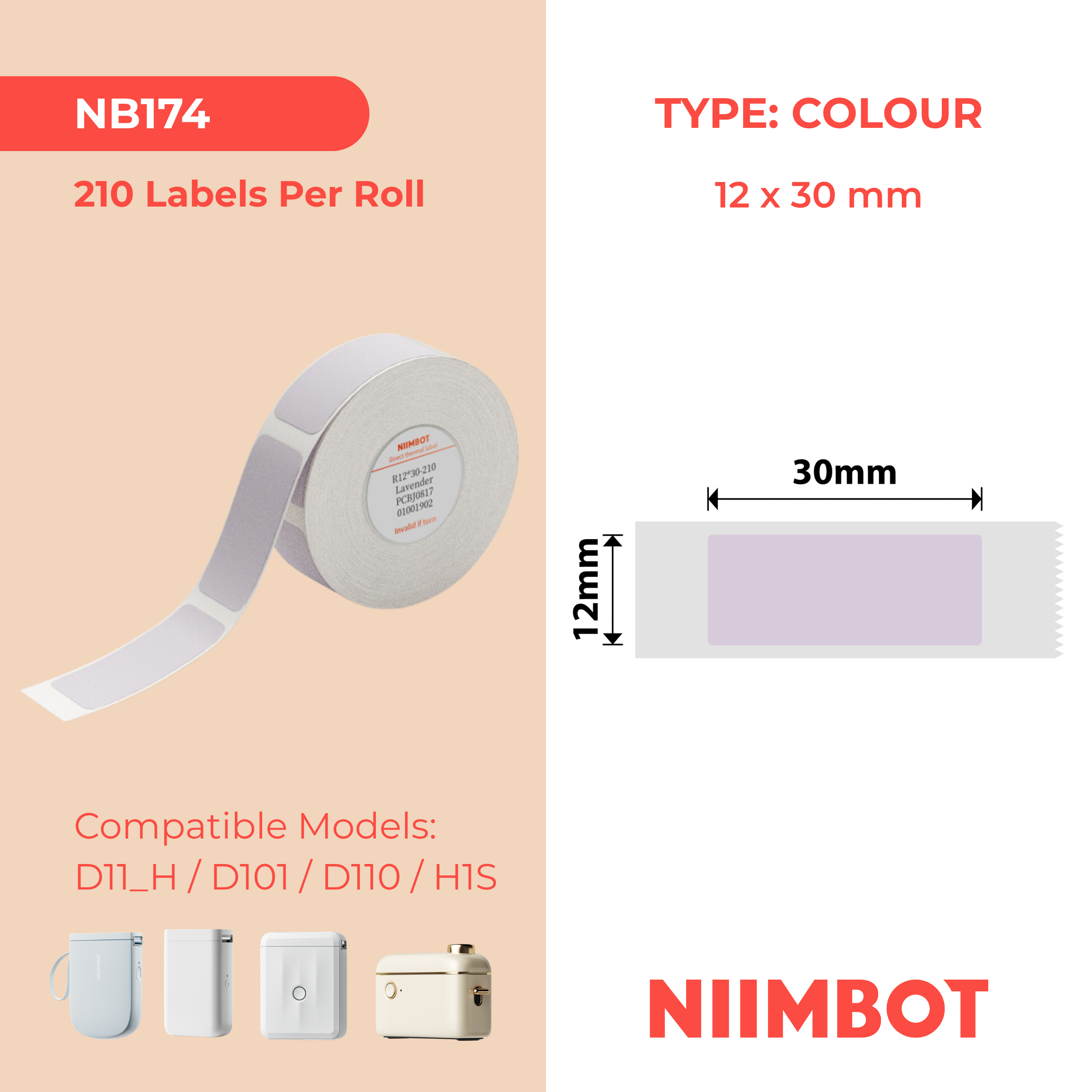 NIIMBOT - D Range - 12x30mm - Lavender - 210 Labels