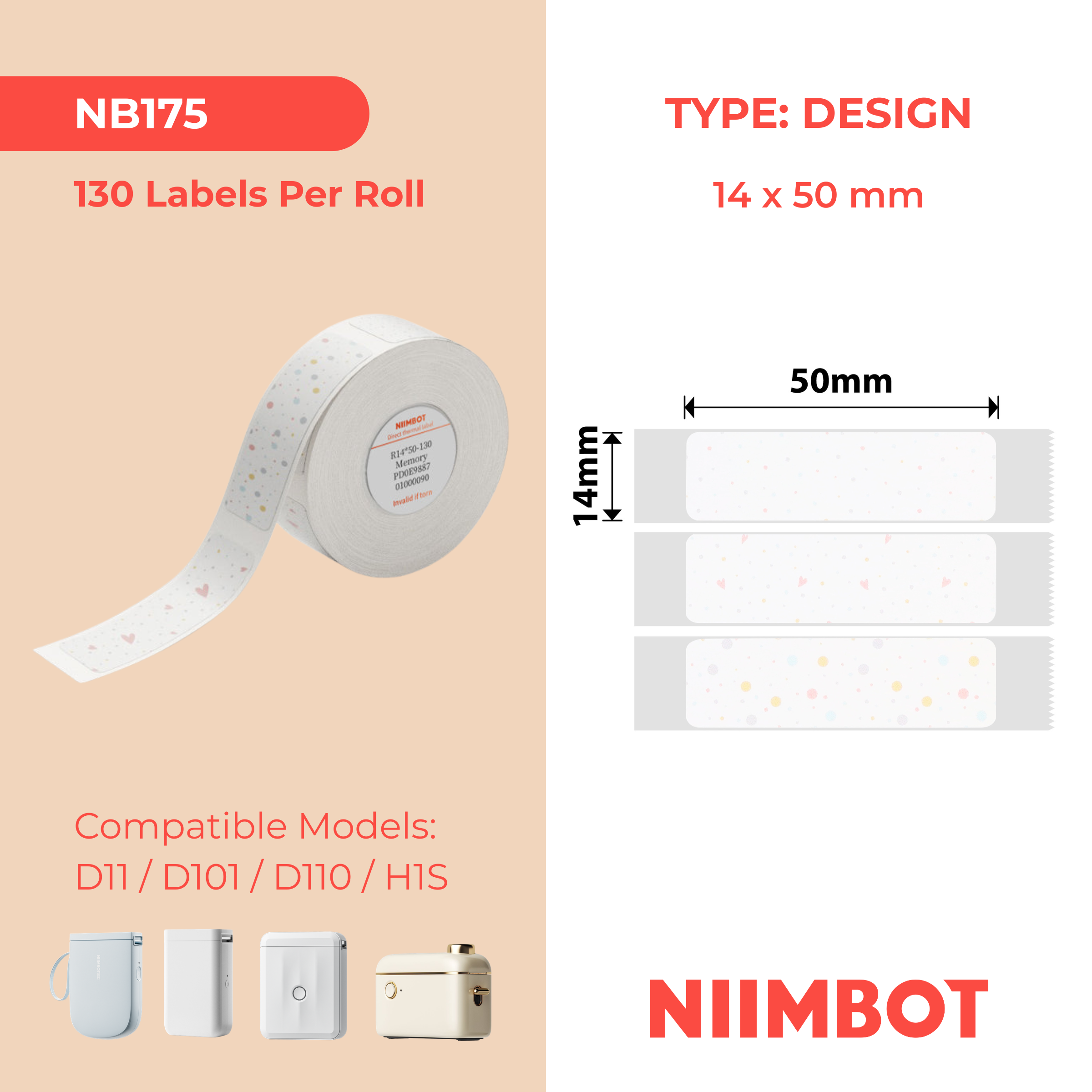 NB175 - NIIMBOT - D11 / D101 / D110 - 14*50MM - 130 ETIKETTE PER ROL - GEHEUE-ONTWERP