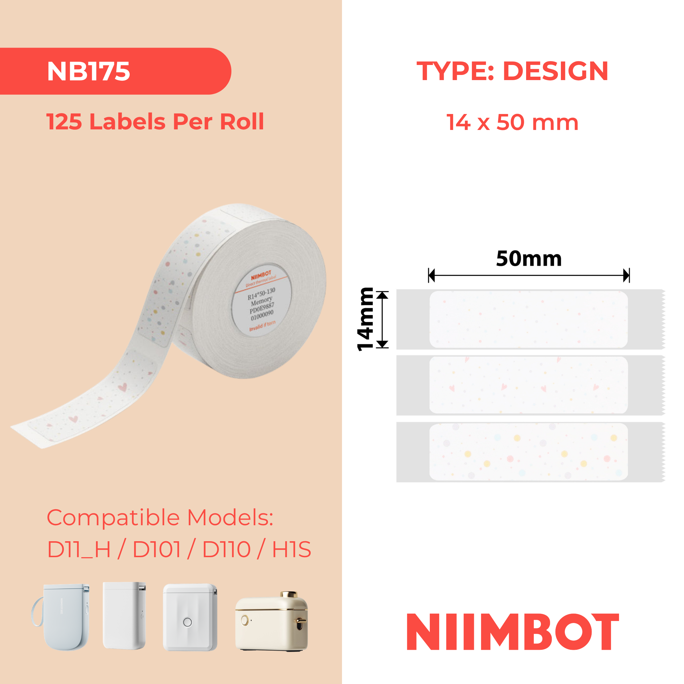 I-NB175 - NIIMBOT - D11 / D101 / D110 - 14*50MM - 130 AMALEBO NGOKUQHUBEKA NGAMUNYE - I-MEMORY DESIGN