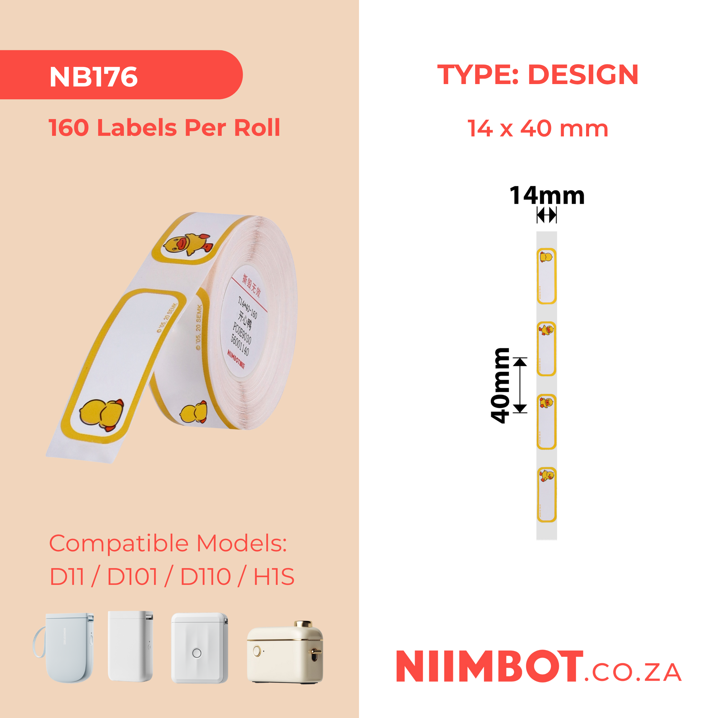 NB176 - NIIMBOT - D11 / D101 / D110 - R14*40 - 160 ETIKETTE PER ROL - HAPPY DUCK ONTWERP
