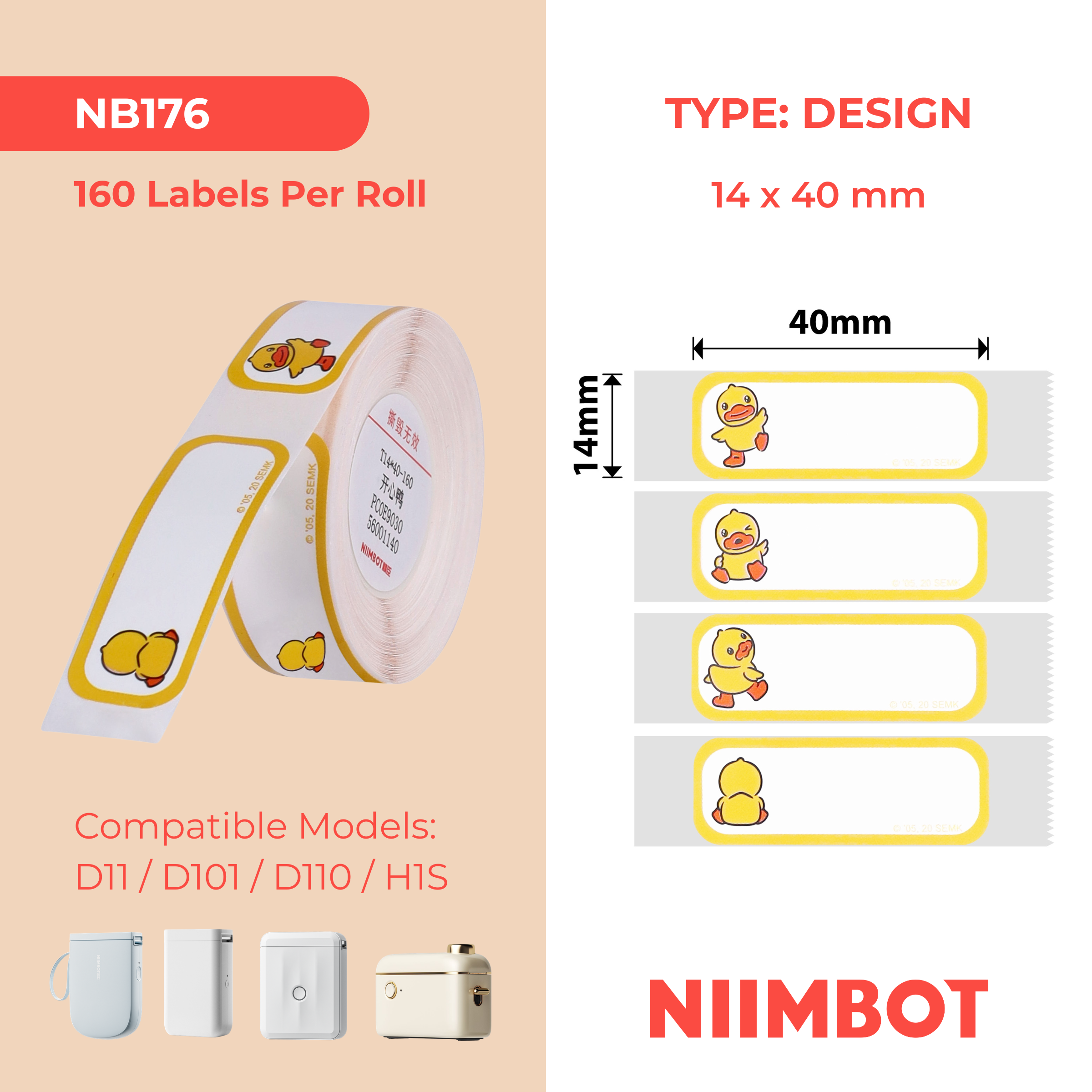 NB176 - NIIMBOT - D11 / D101 / D110 - R14*40 - 160 ETIKETTE PER ROL - HAPPY DUCK ONTWERP