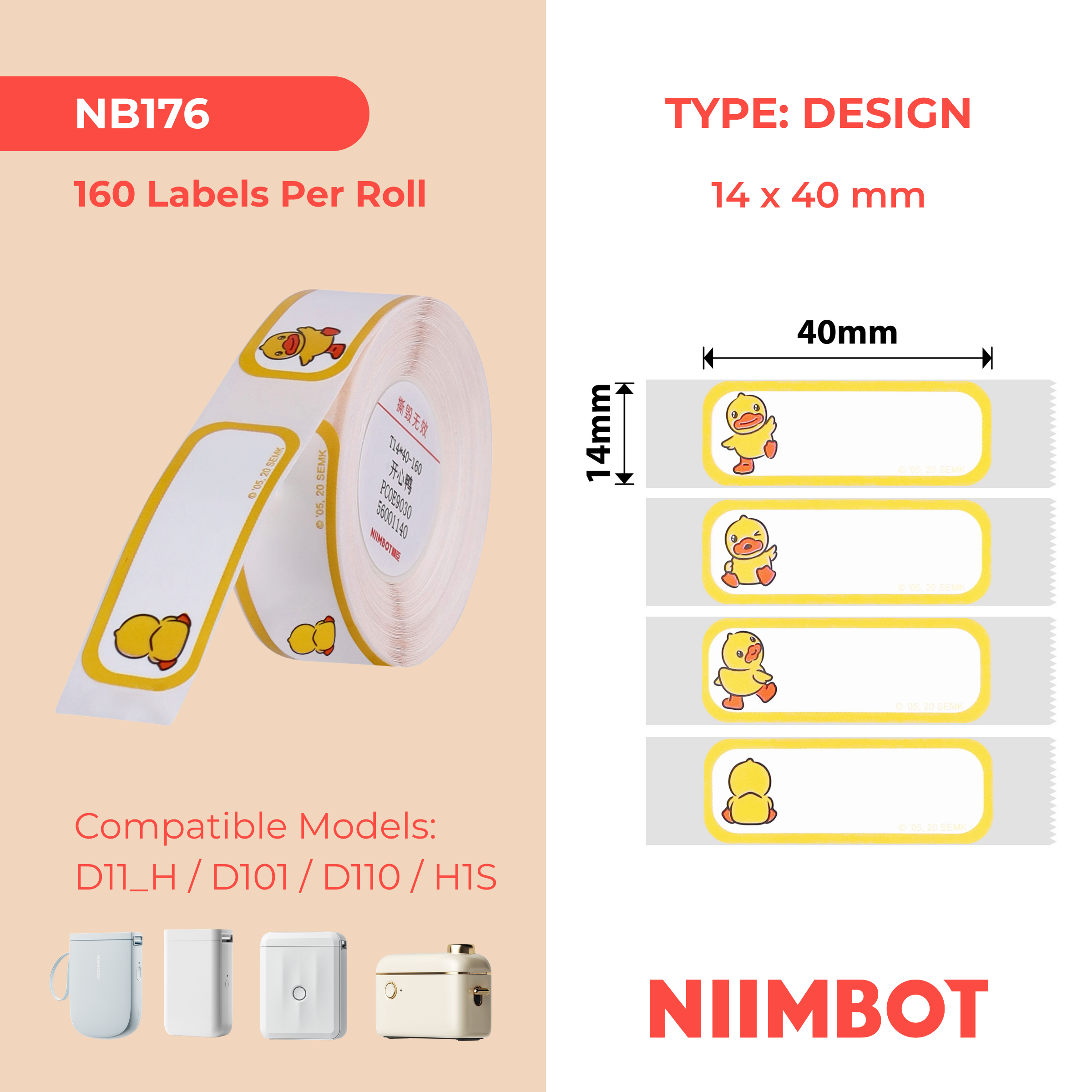 NIIMBOT - D Range - 14x40mm - Happy Duck - 160 Labels