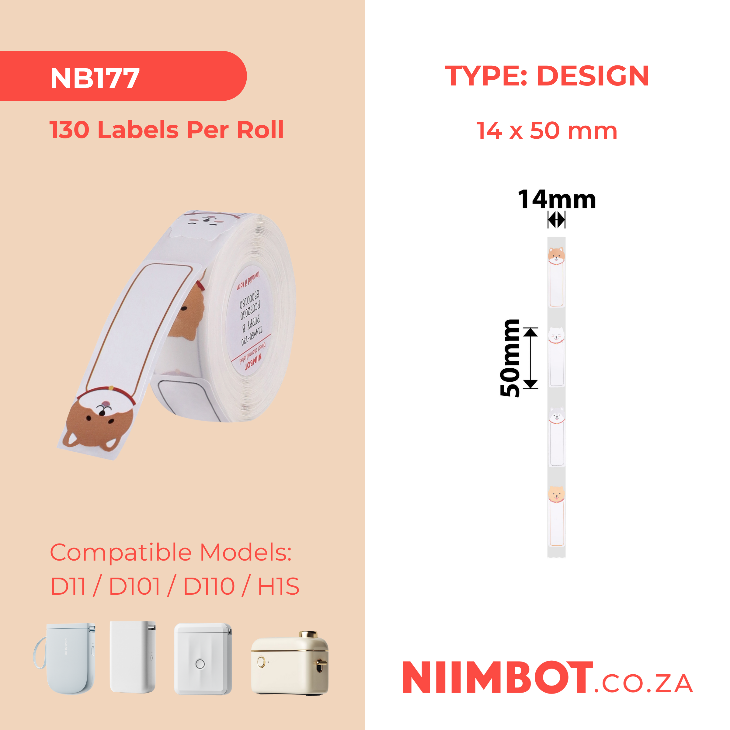 NB177 - NIIMBOT - D11 / D101 / D110 - RP14*50 - 130 ETIKETTE PER ROL - OULIKE HONDJIE-ONTWERP