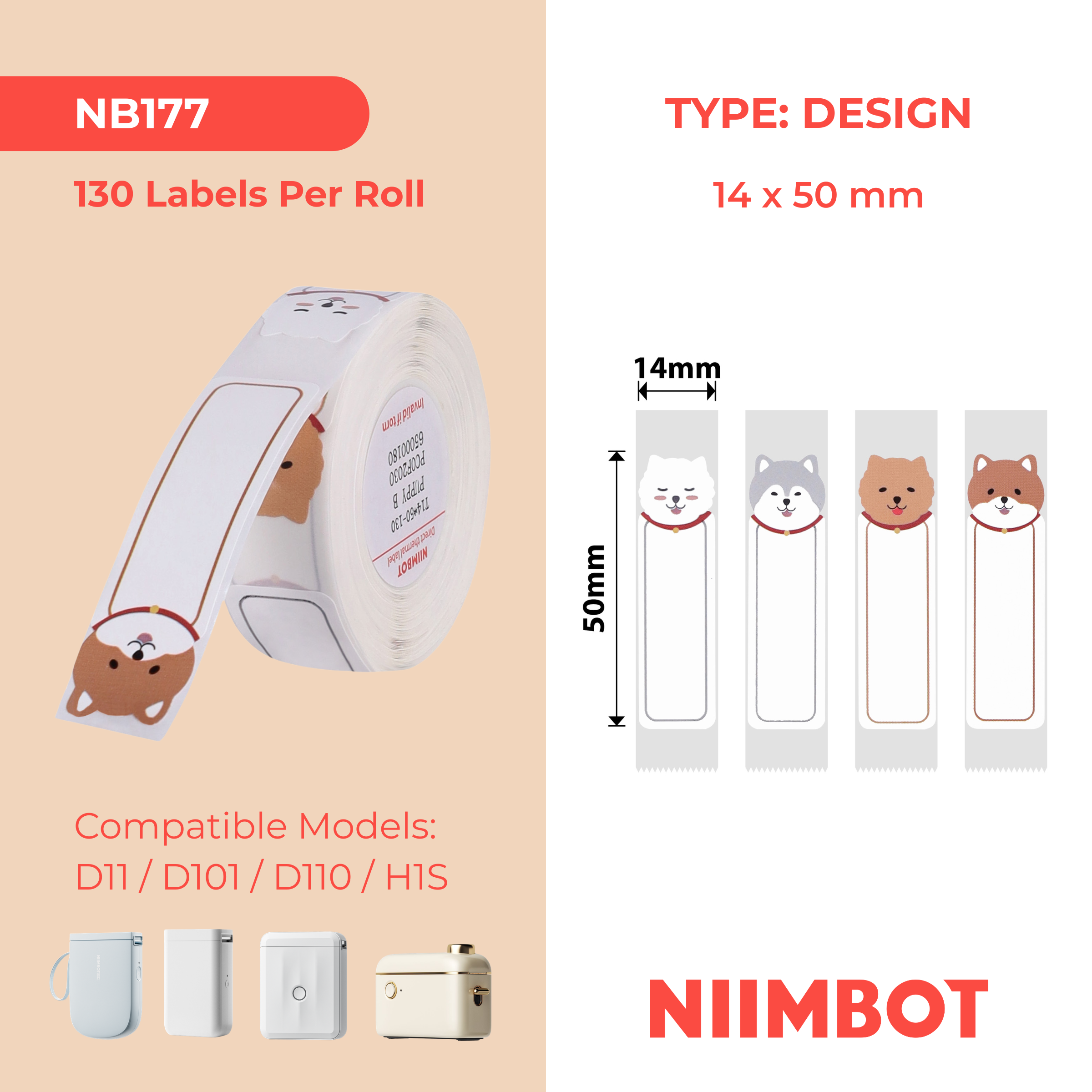 NB177 - NIIMBOT - D11 / D101 / D110 - RP14*50 - 130 ETIKETTE PER ROL - OULIKE HONDJIE-ONTWERP