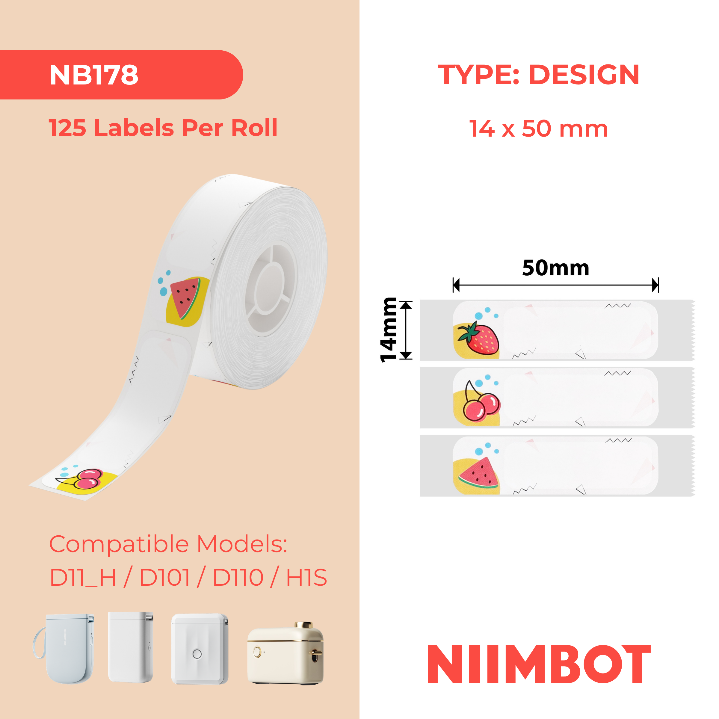 NIIMBOT - D Range - 14x50mm - Fruit - 125 Labels