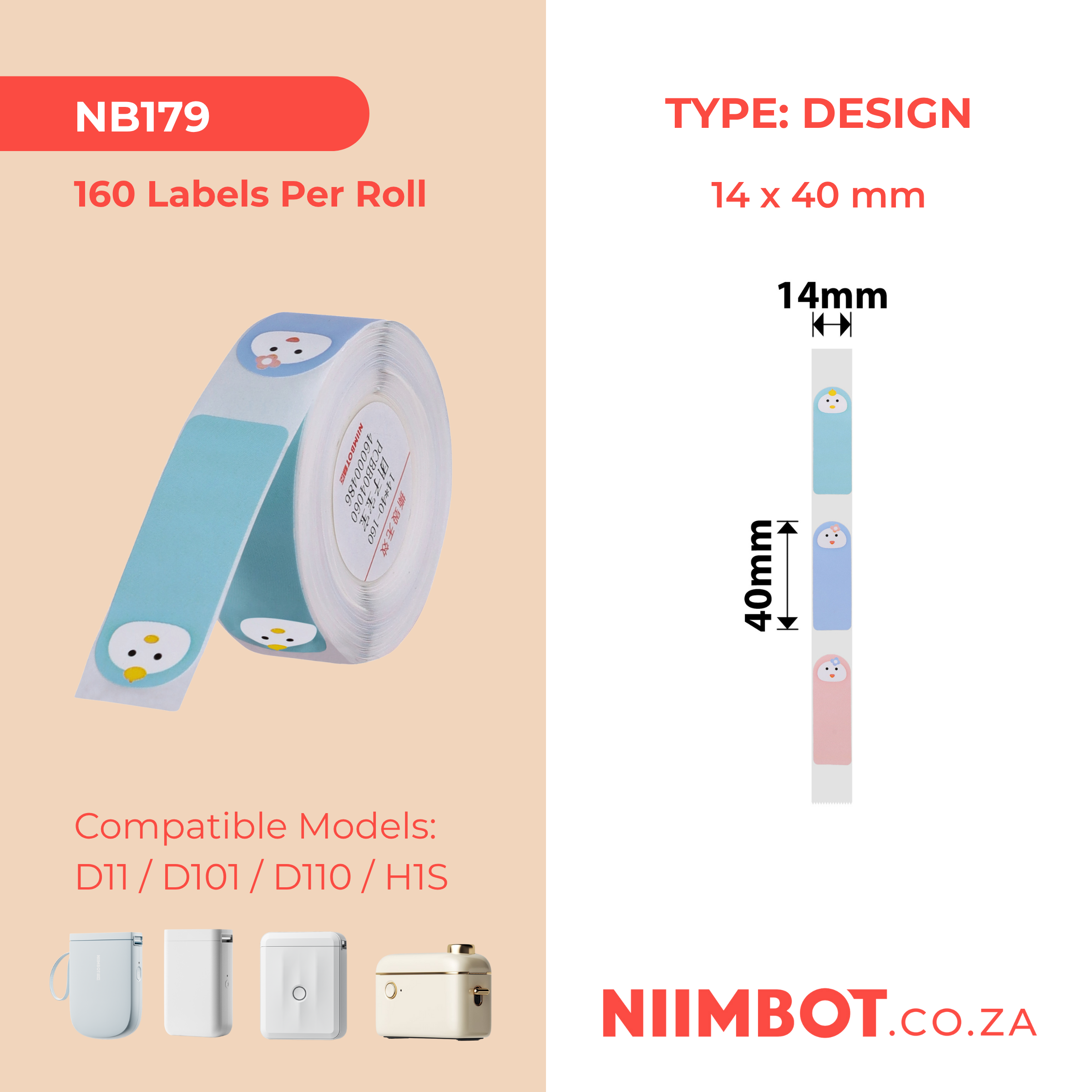 NB179 - NIIMBOT - D11 / D101 / D110 - R14*40 - 160 ETIKETTE PER ROL - BABA-GESIGGIE-ONTWERP