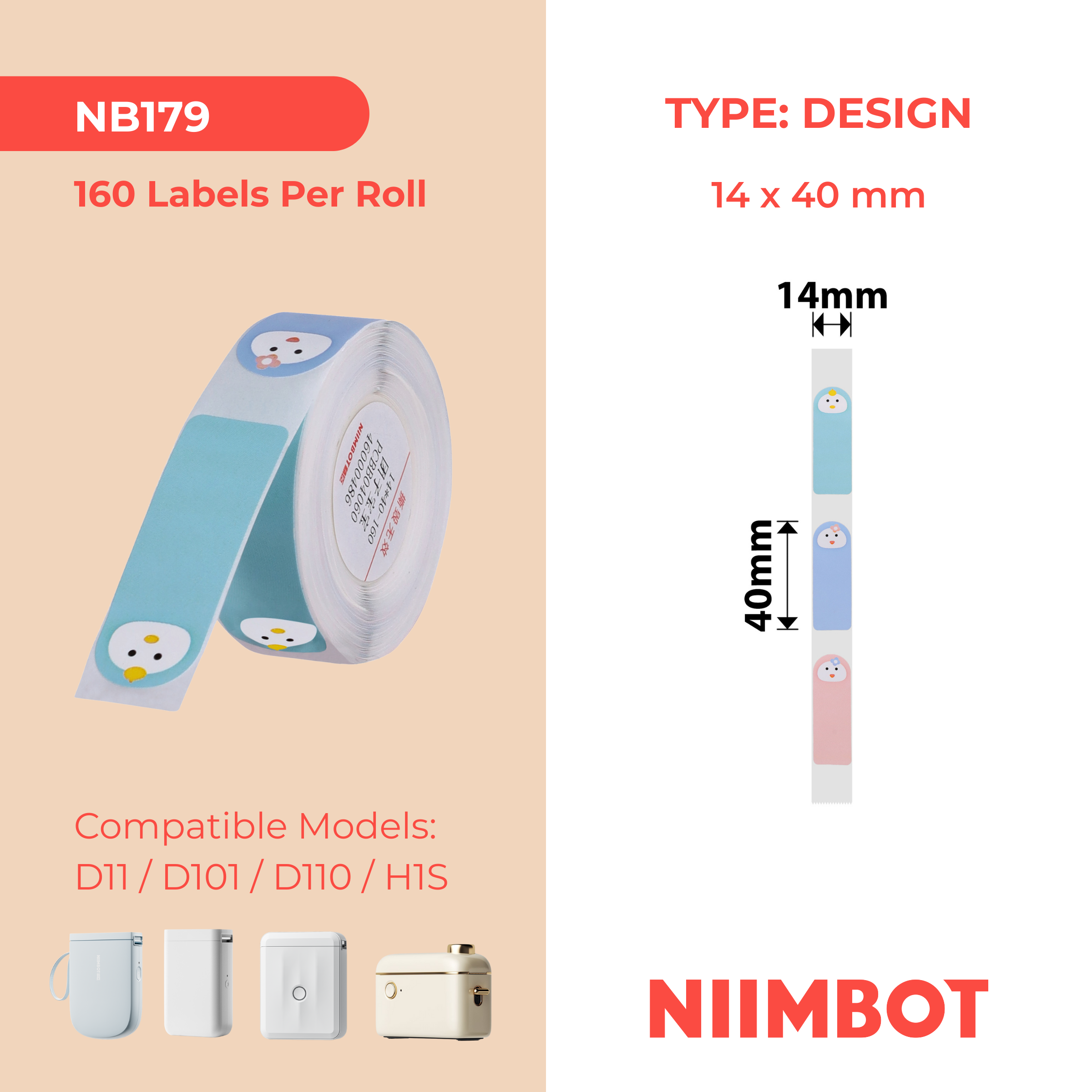 NB179 - NIIMBOT - D11 / D101 / D110 / H1S - R14X40MM - 160 LABELS PER ROLL - BABY FACE DESIGN