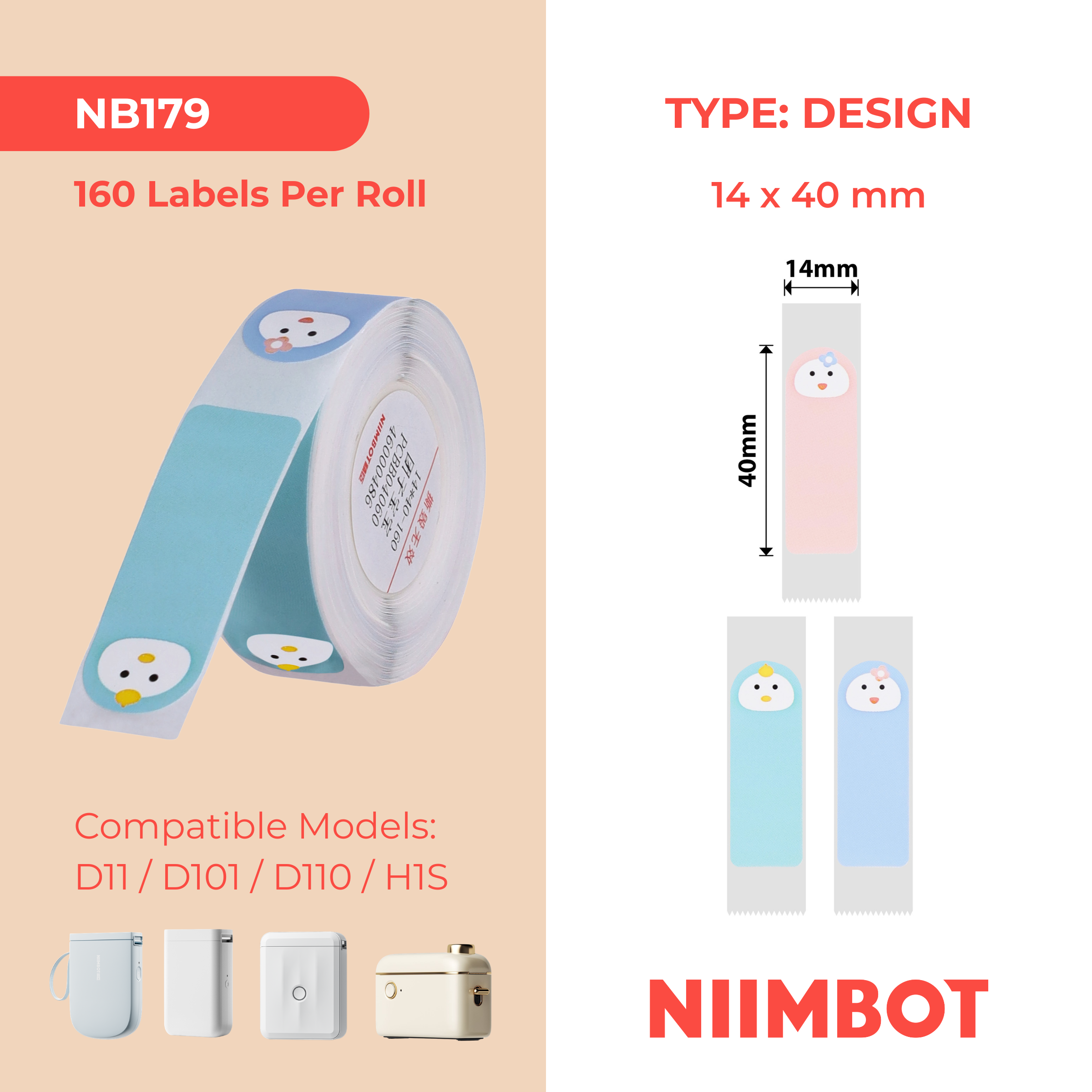 NB287 - NIIMBOT - D11 / D101 / D110 - R14*40 - 160 ETIKETTE PER ROL - BABA-GESIGGIE-ONTWERP
