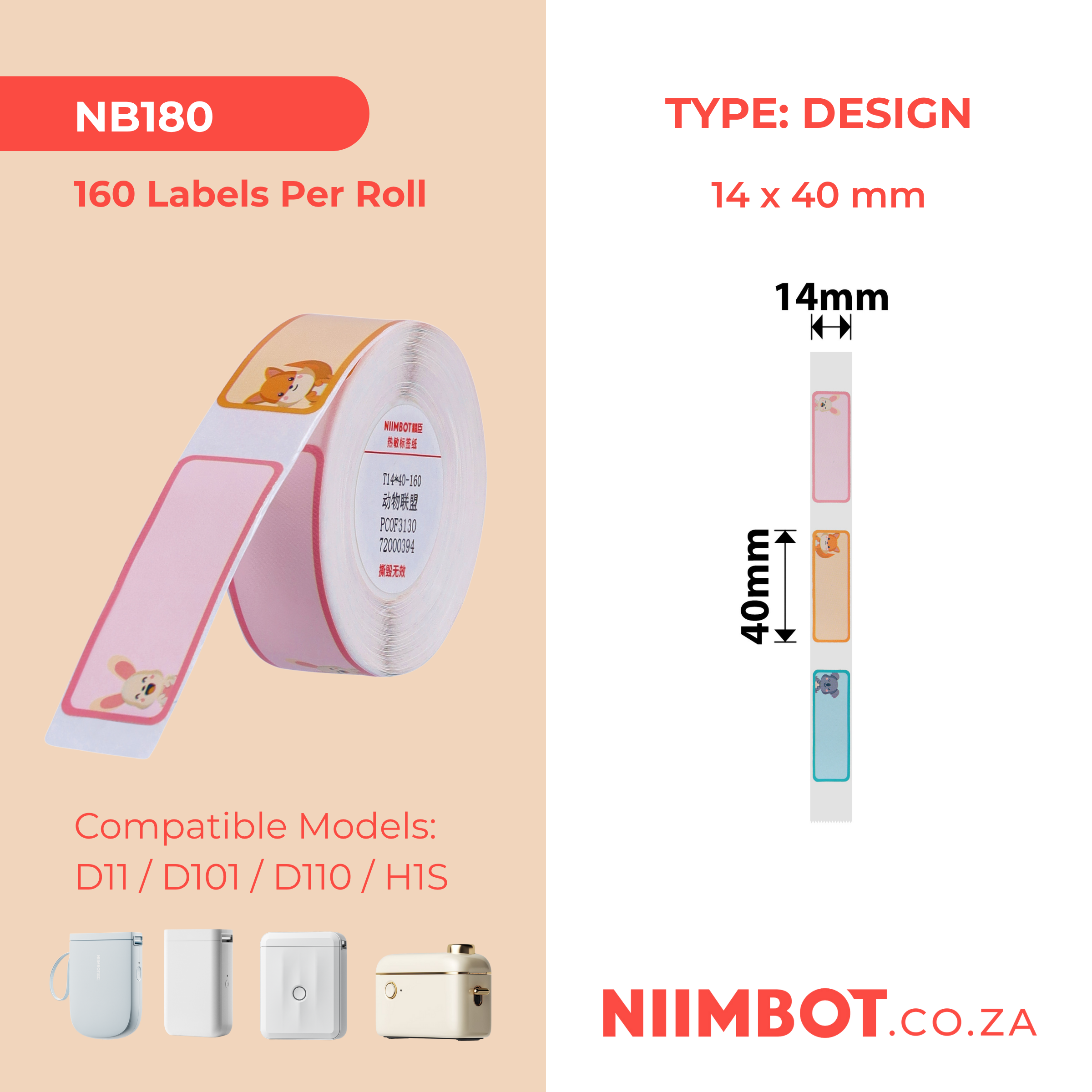 NB180 - NIIMBOT - D11 / D101 / D110 - 14*40MM - 160 ETIKETTE PER ROL - OUTJIEKE DIERE-ONTWERP