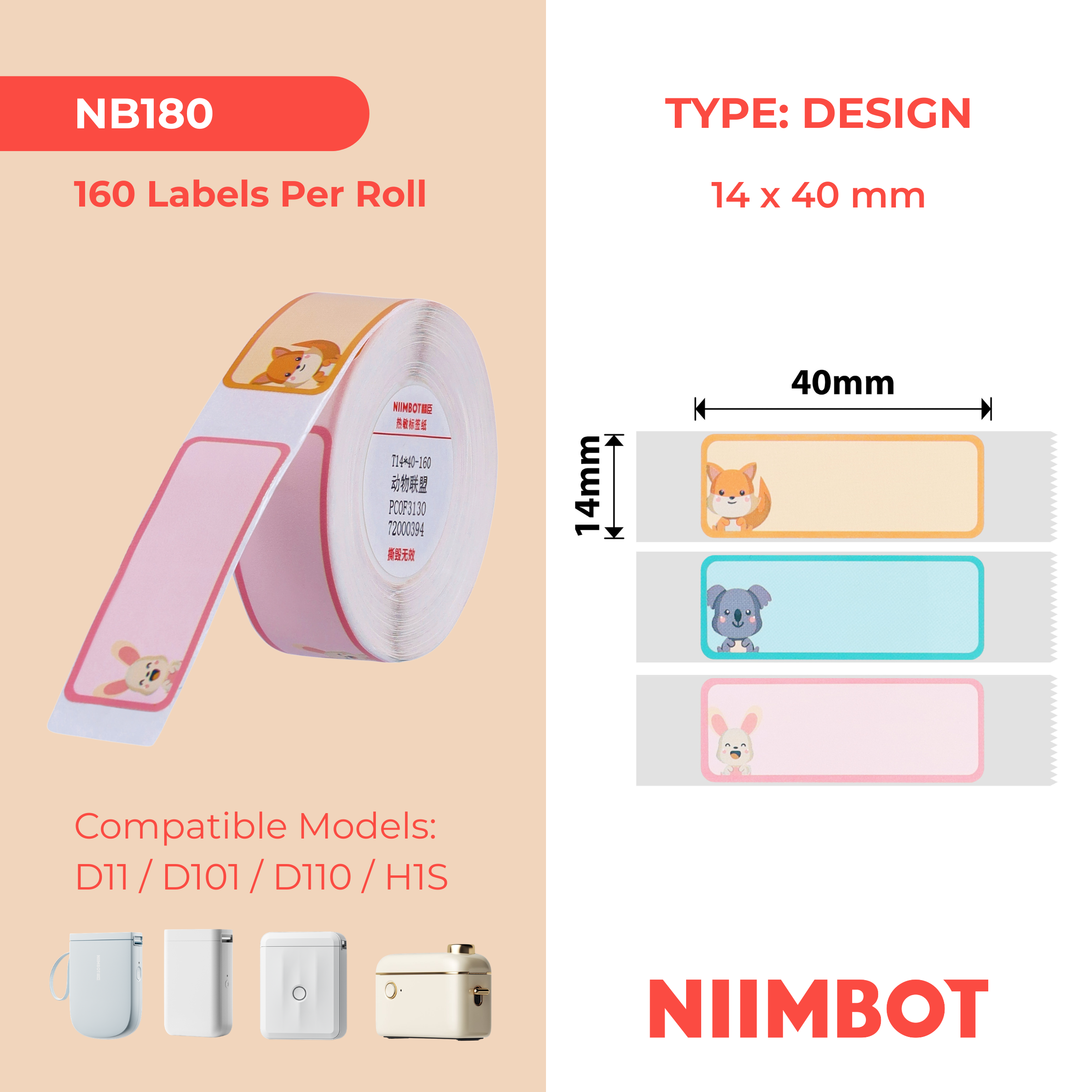 NB180 - NIIMBOT - D11 / D101 / D110 - 14*40MM - 160 ETIKETTE PER ROL - OUTJIEKE DIERE-ONTWERP