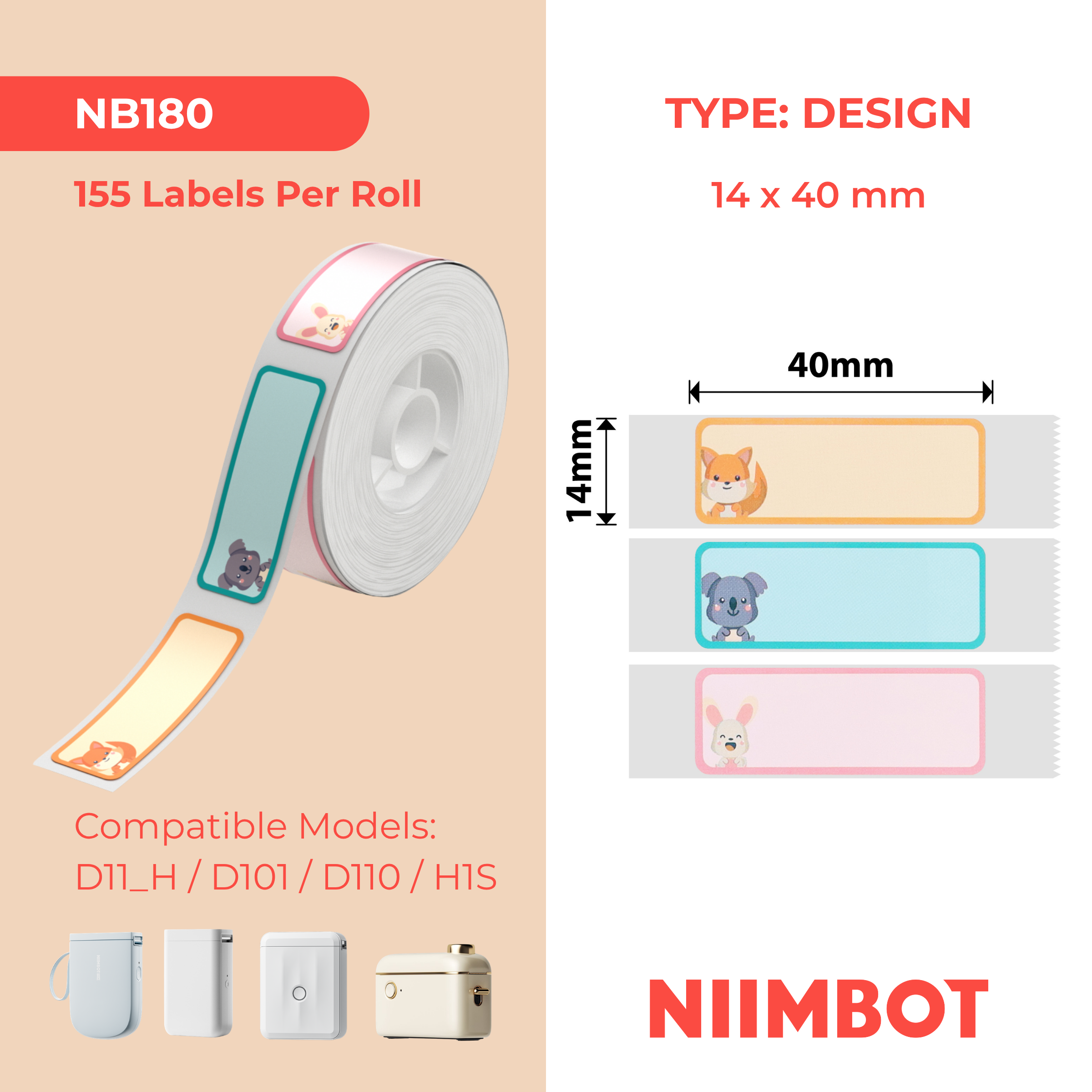 NIIMBOT - D Range - 14x40mm - Cute Animals - 155 Labels