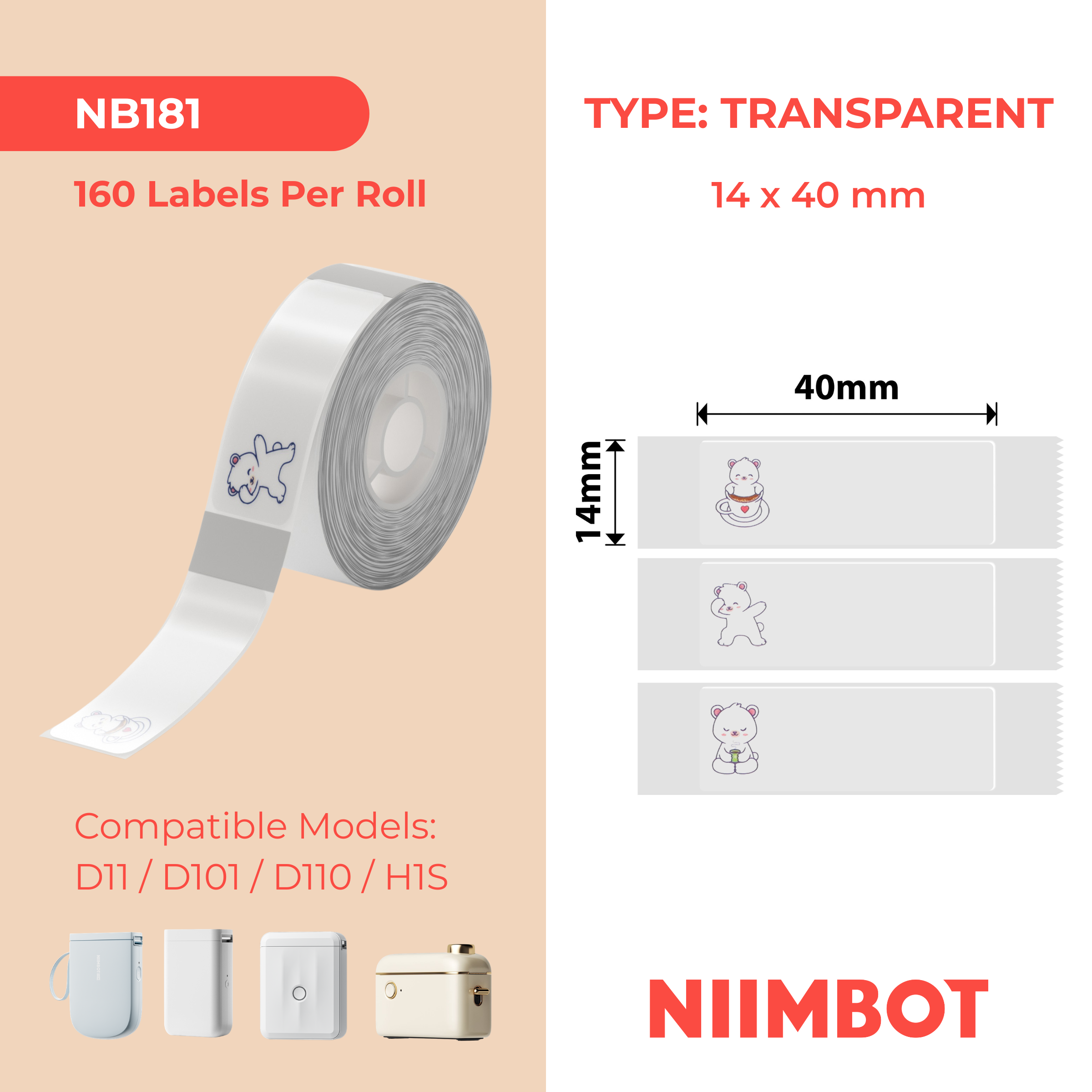 NB256 - NIIMBOT - D11 / D101 / D110 / H1S - 14X40MM - 160 LAZY BEAR LABELS