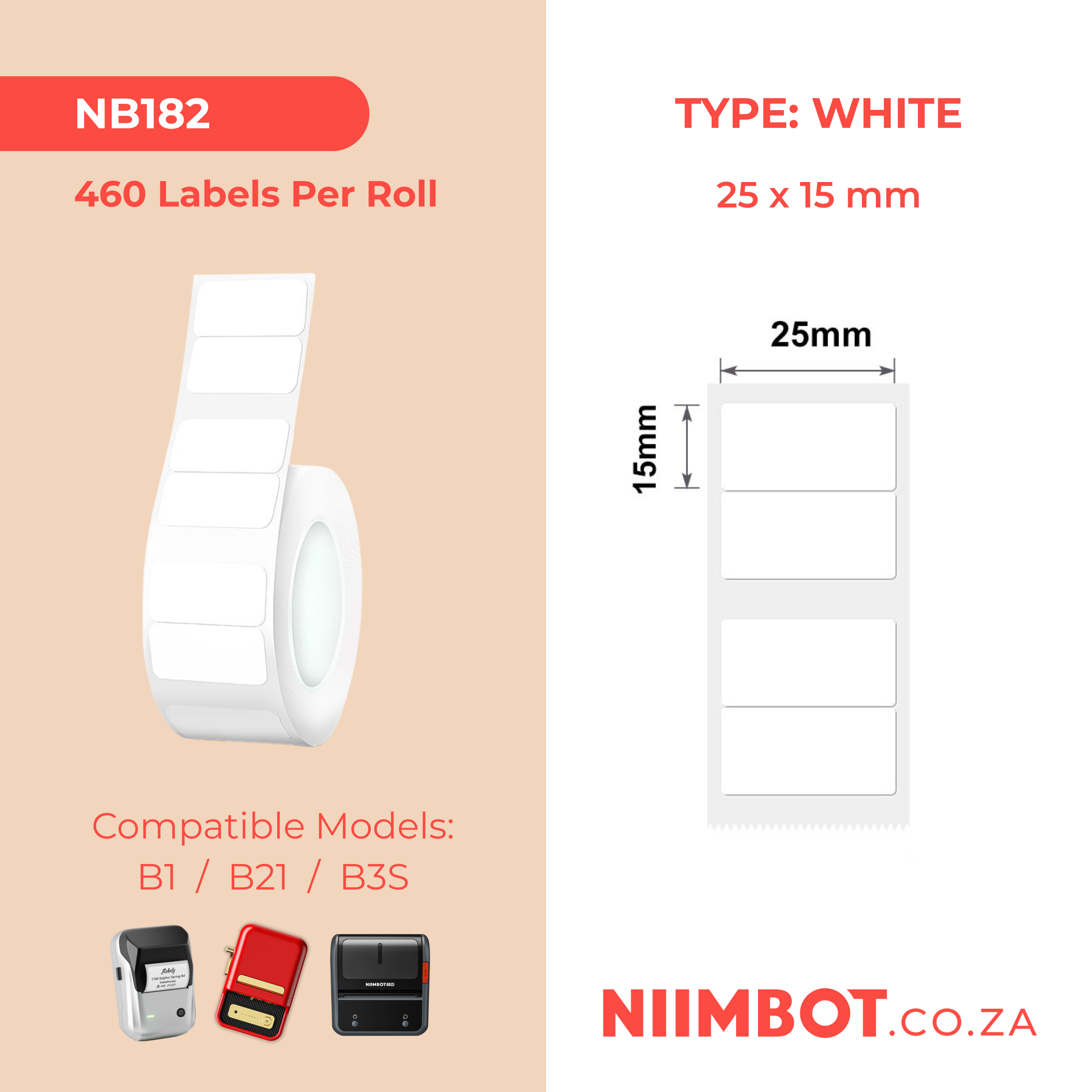 NB182 - NIIMBOT - B1 / B21 / B3S - T25*15MM/2 - 460 LABELS PER ROLL - WHITE