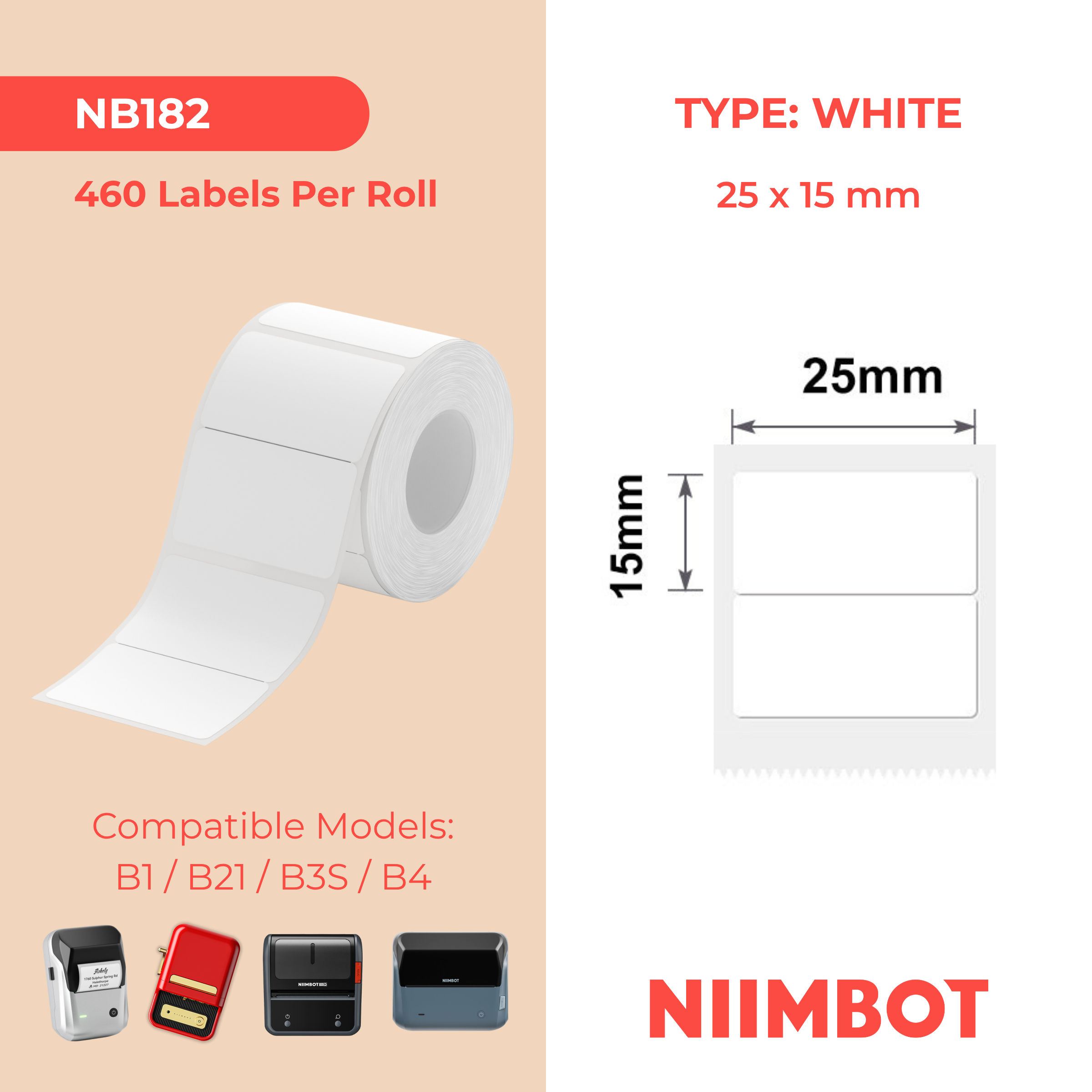 NB182 - NIIMBOT - B1 / B21 / B3S - T25*15MM/2 - 460 ETIKETTE PER ROL - WIT 