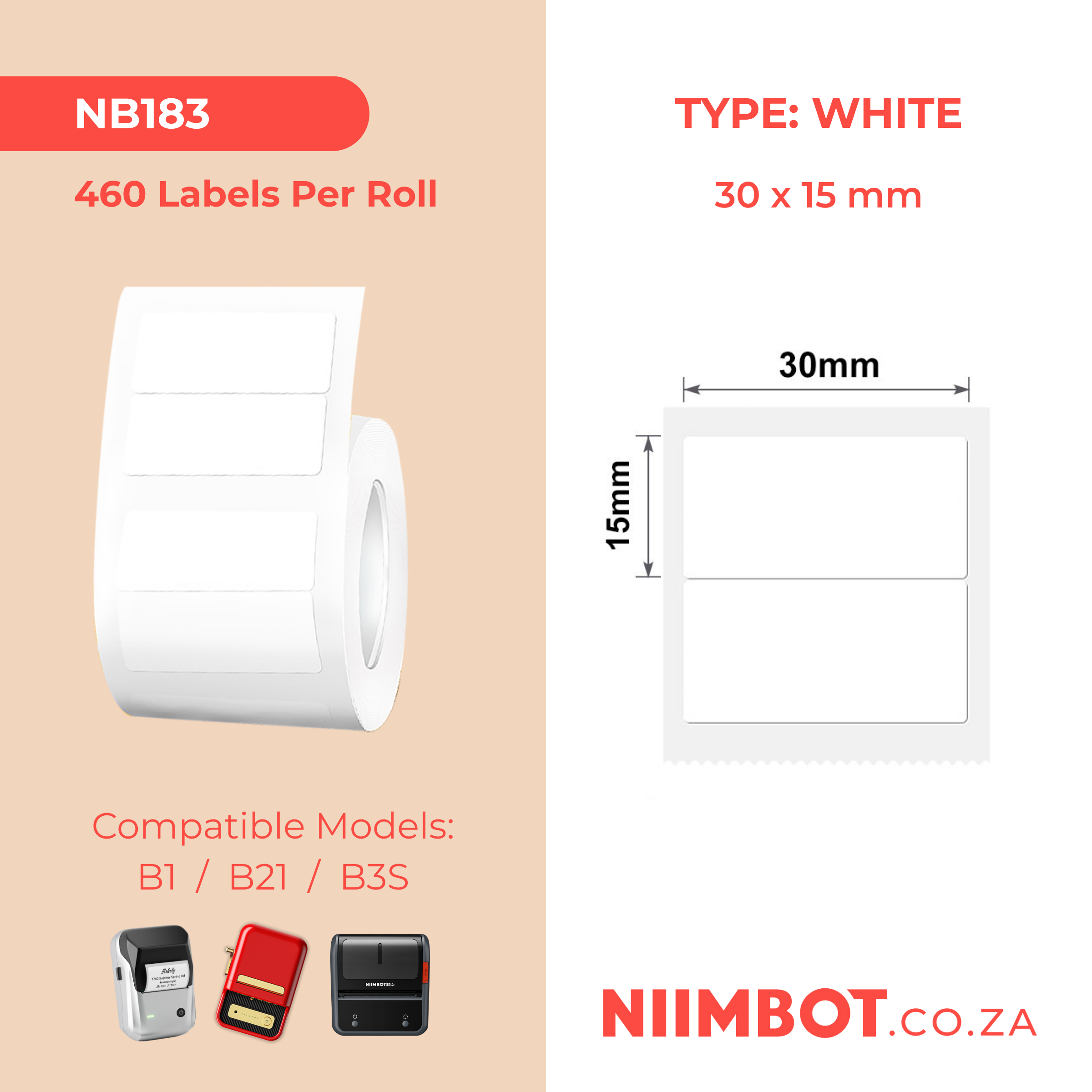 NB183 - NIIMBOT - B1 / B21 / B3S - 30*15MM/2R - 460 LABELS PER ROLL - WHITE