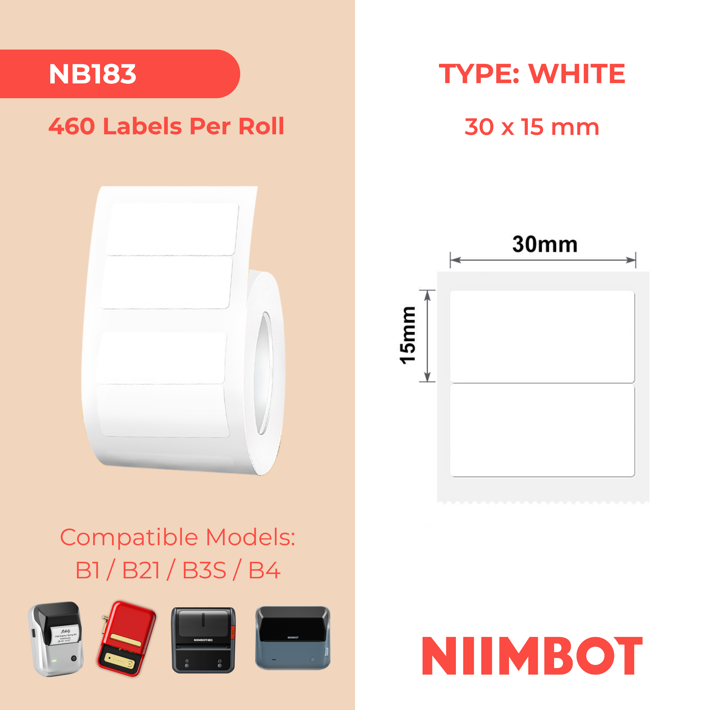 NB183 - NIIMBOT - B1 / B21 / B3S - 30*15MM/2R - 460 ETIKETTE PER ROL - WIT