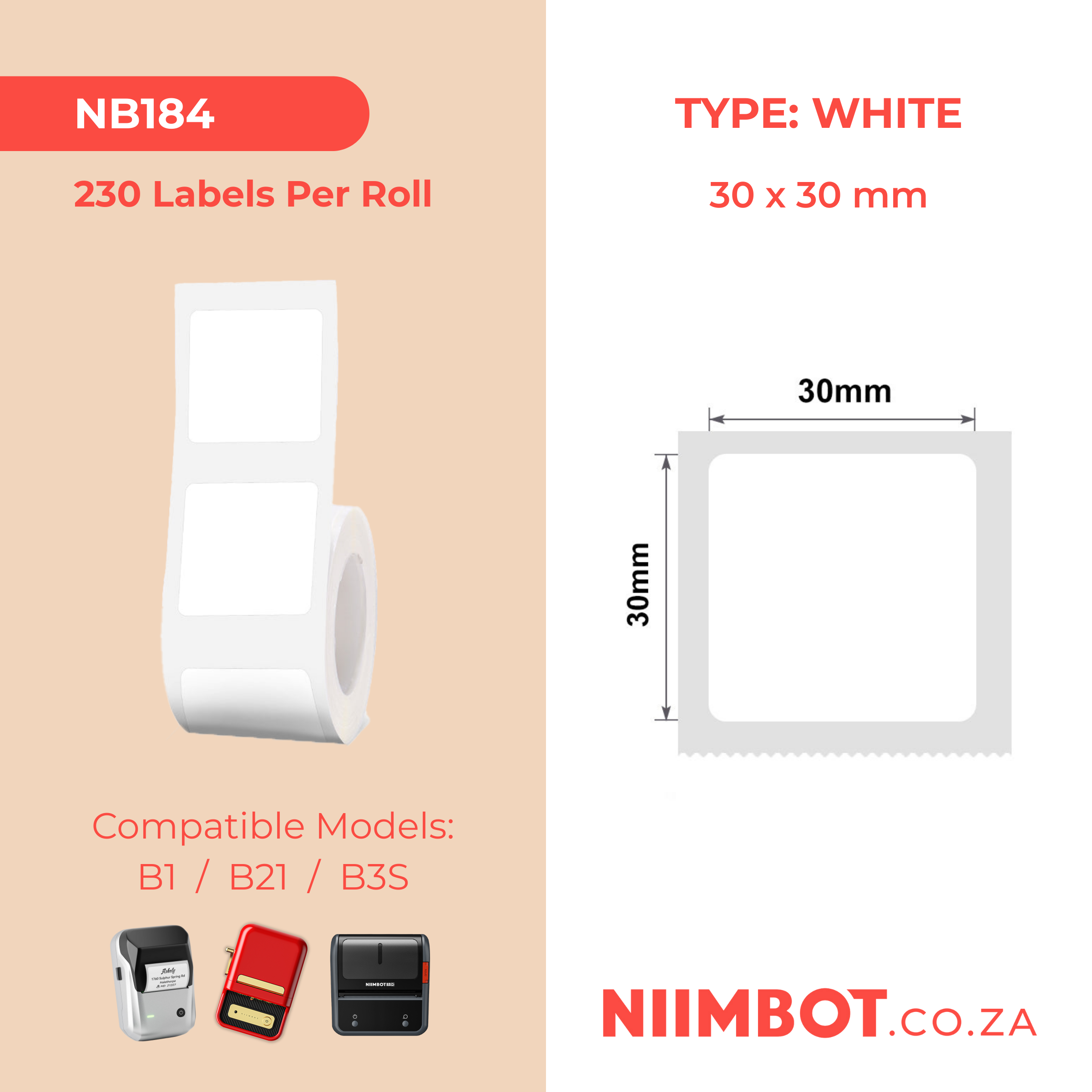NB184 - NIIMBOT - B1 / B21 / B3S - 30*30MM - 230 LABELS PER ROLL - WHITE