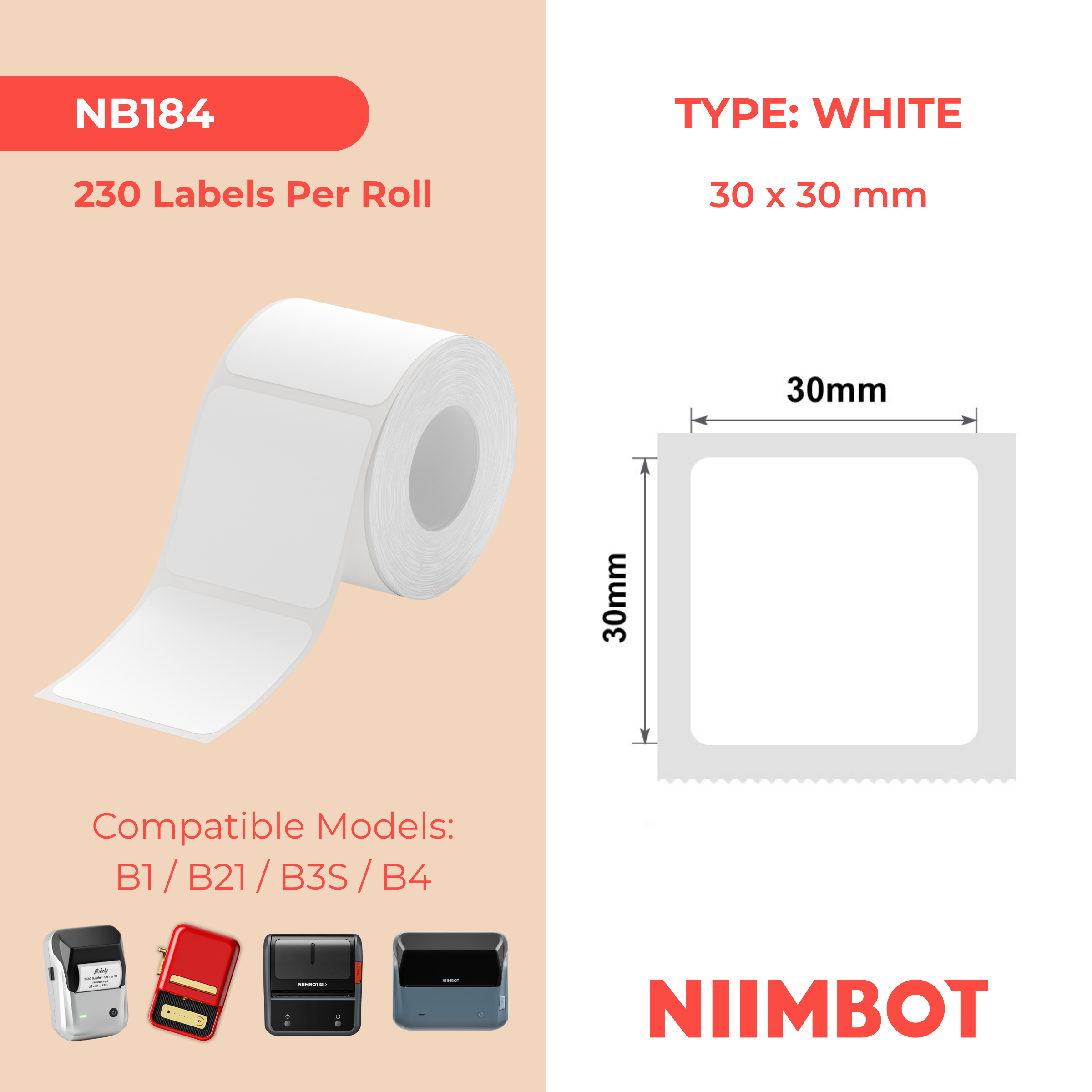 NB184 - NIIMBOT - B1 / B21 / B3S - 30*30MM - 230 ETIKETTE PER ROL - WIT 