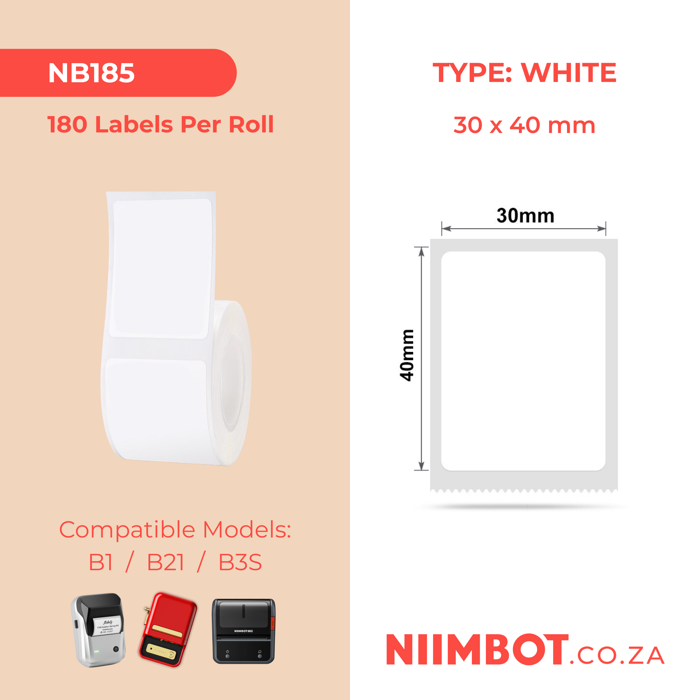 NB185 - NIIMBOT - B1 / B21 / B3S - 30*40MM - 180 LABELS PER ROLL - WHITE