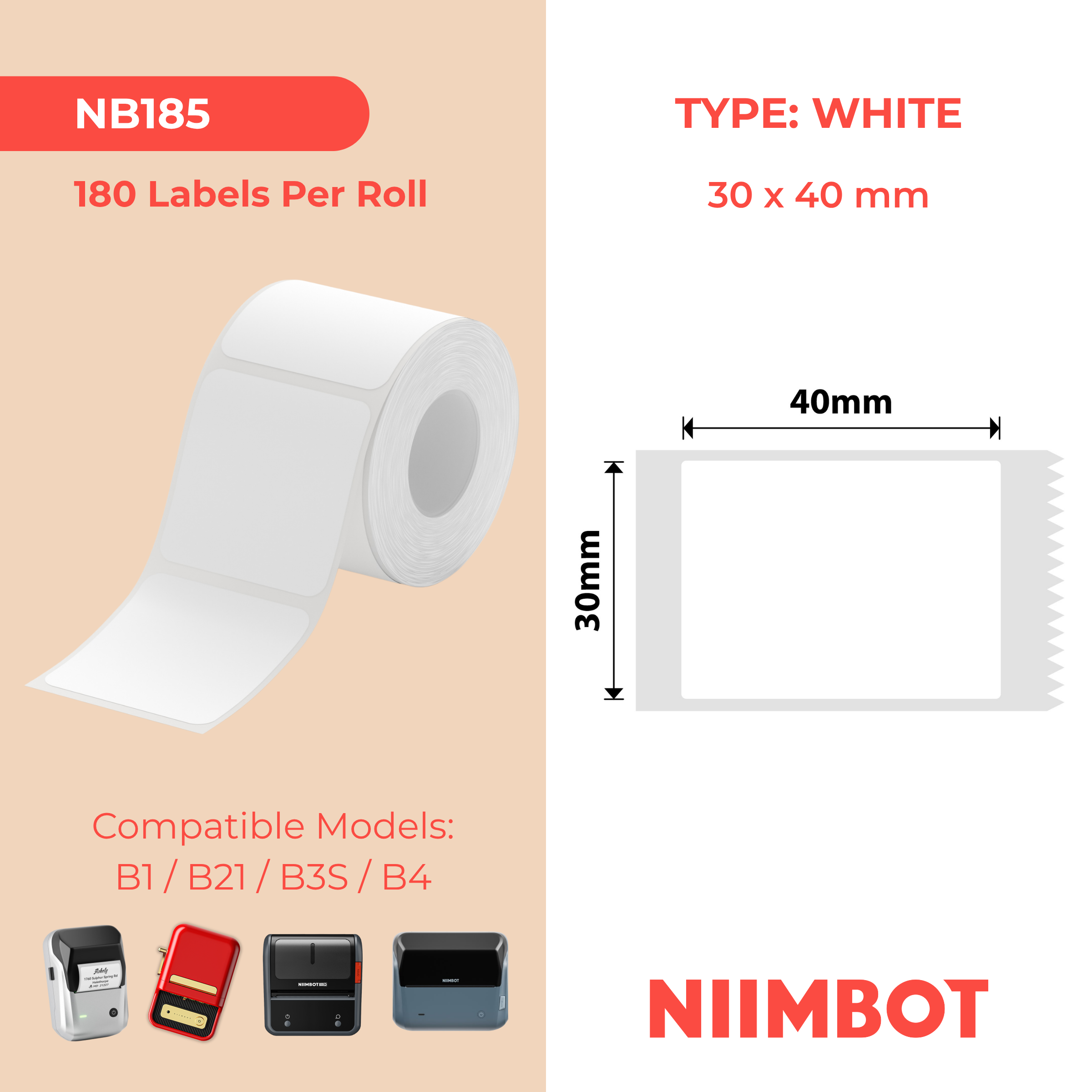 NB185 - NIIMBOT - B1 / B21 / B3S - 30*40MM - 180 ETIKETTE PER ROL - WIT