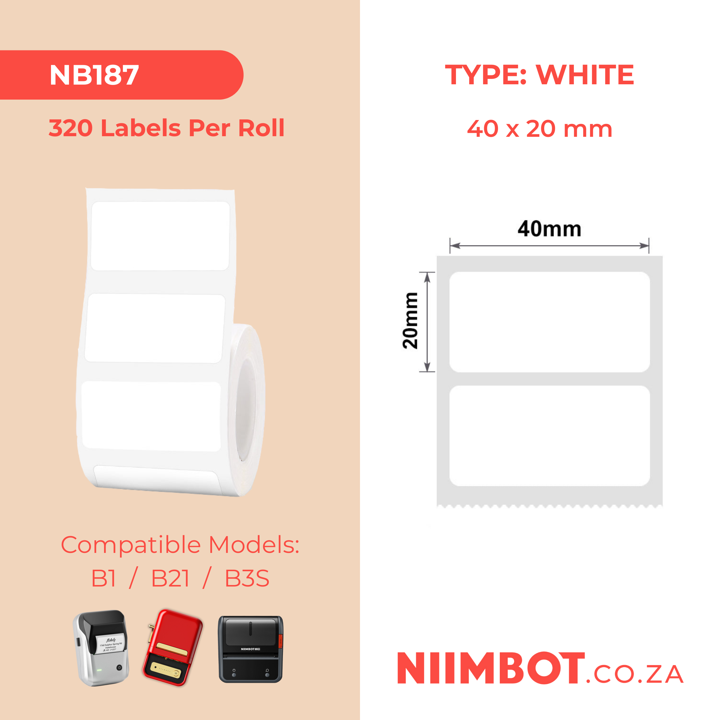NB187 - NIIMBOT - B1 / B21 / B3S - 40*20MM - 320 LABELS PER ROLL - WHITE