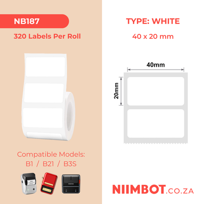 NB187 - NIIMBOT - B1 / B21 / B3S - 40*20MM - 320 LABELS PER ROLL - WHITE