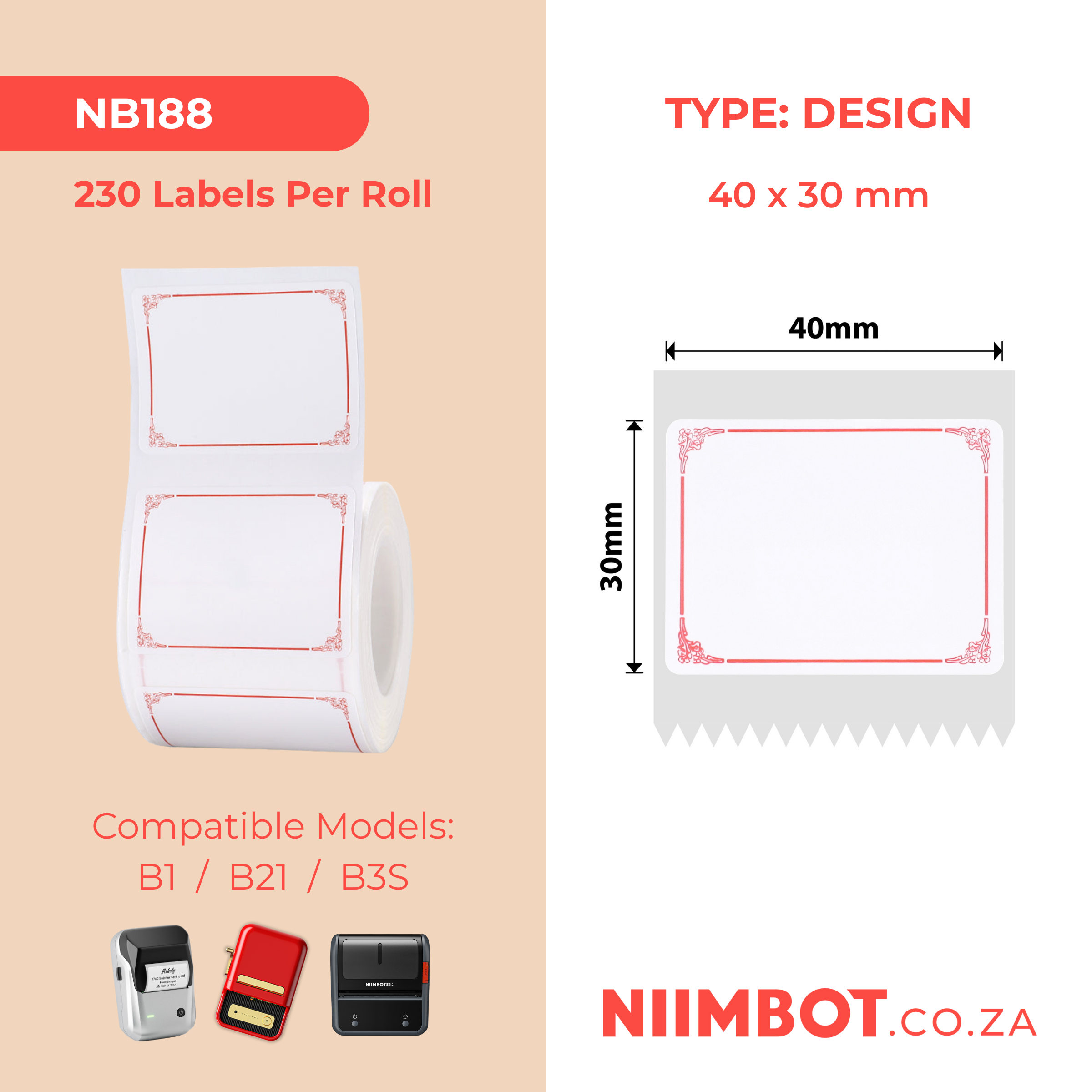 NB188 - NIIMBOT - B1 / B21 / B3S - 40*30MM - 230 LABELS PER ROLL - RED BORDER DESIGN