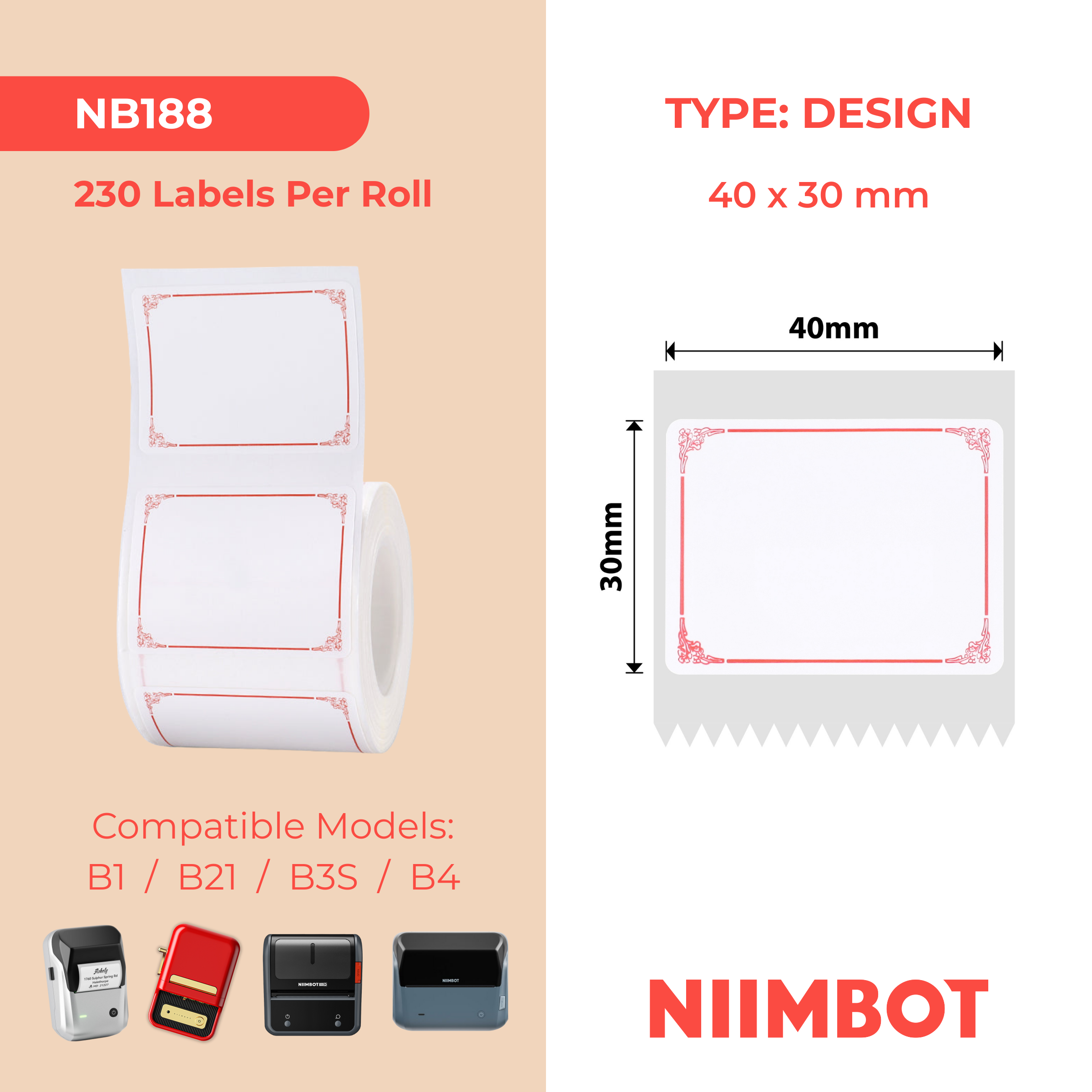 NB188 - NIIMBOT - B1 / B21 / B3S - 30*40MM - 230 ETIKETTE PER ROL - ROOI RANDONTWERP