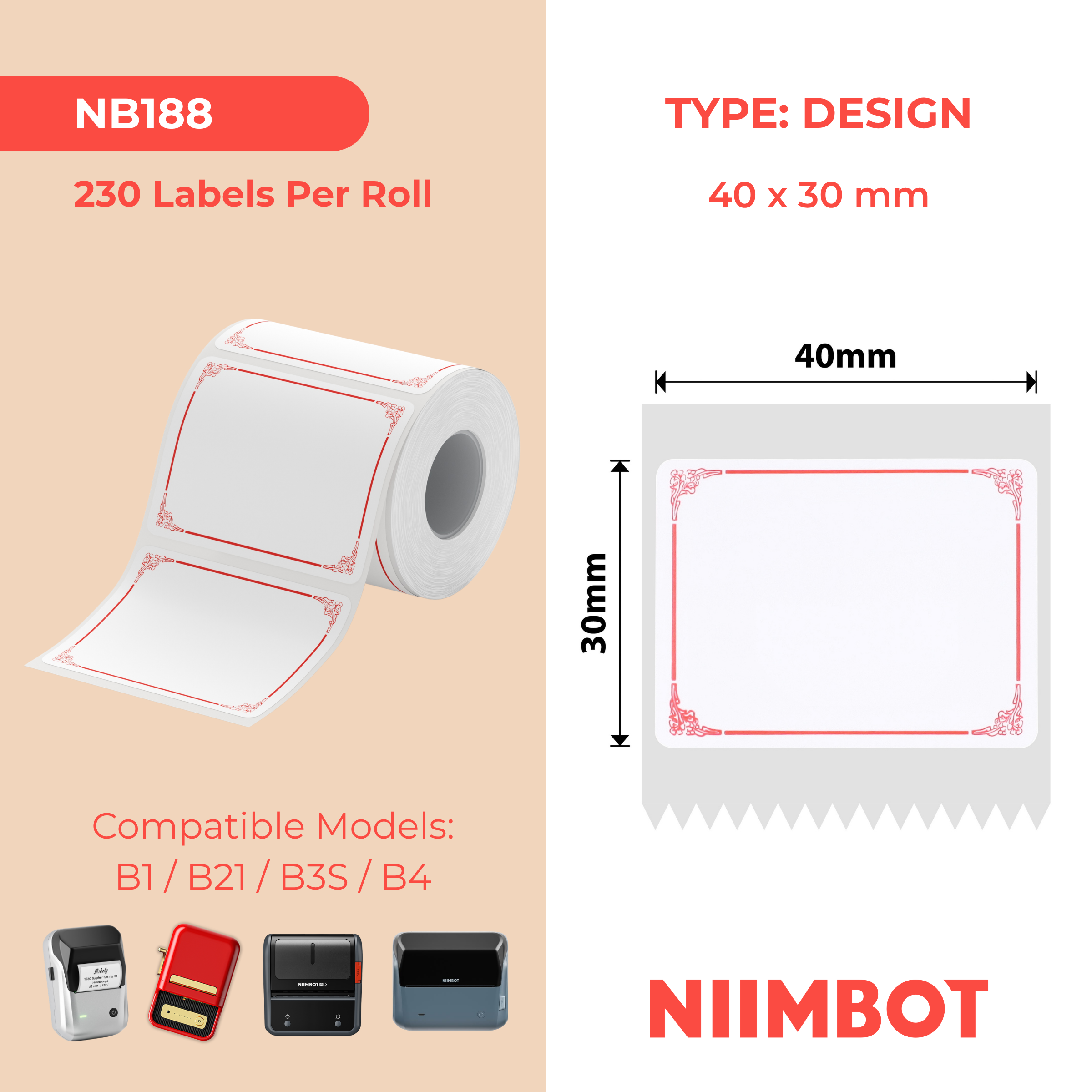 NB188 - NIIMBOT - B1 / B21 / B3S - 30*40MM - 230 ETIKETTE PER ROL - ROOI RANDONTWERP