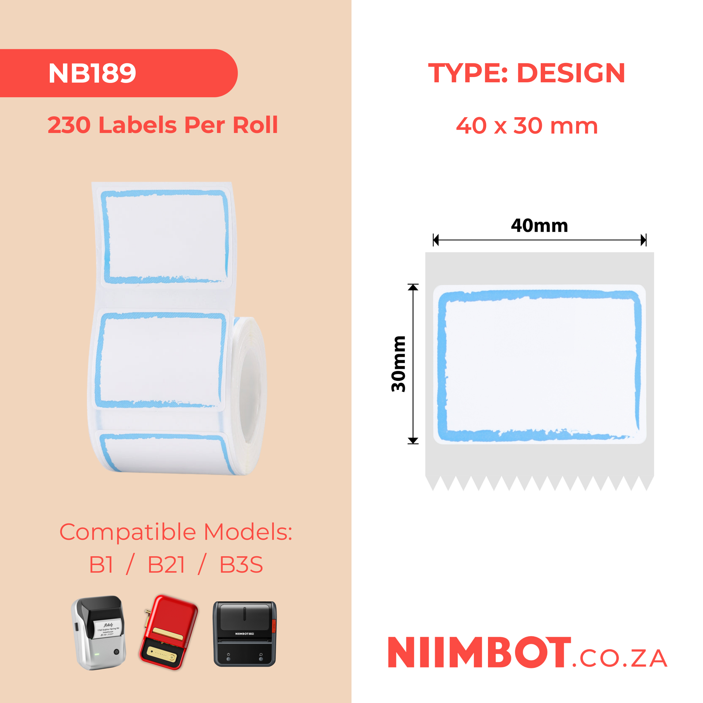 NB189 - NIIMBOT - B1 / B21 / B3S - T40*30MM - 230 LABELS PER ROLL - BLUE BORDER DESIGN