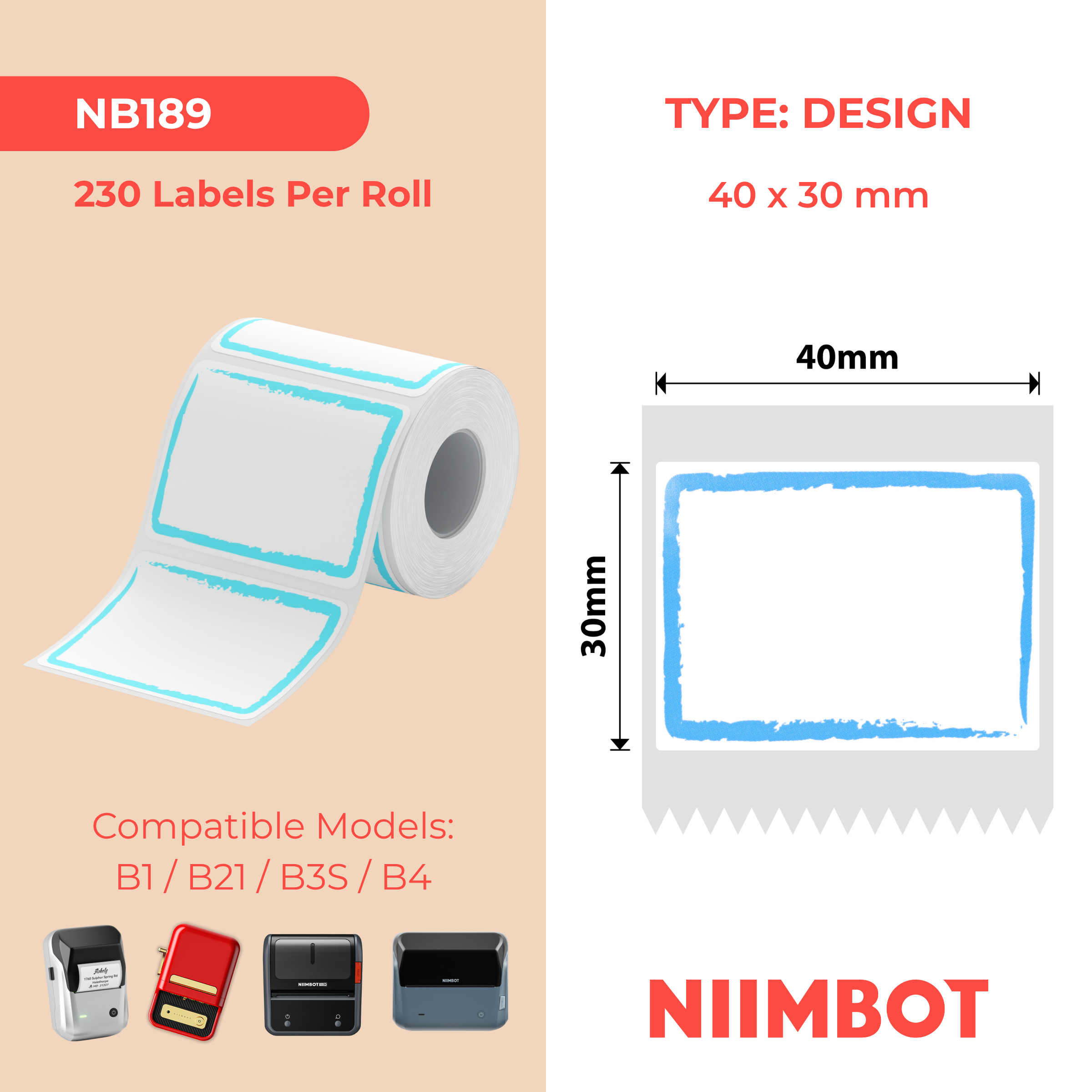 NIIMBOT - B Range - 40x30mm - Blue Border - 230 Labels