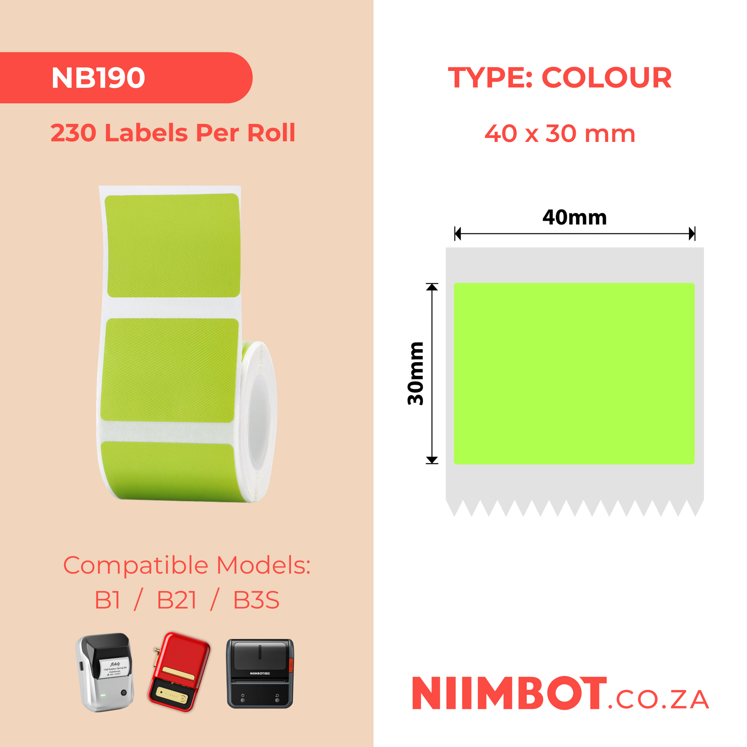 NB190 - NIIMBOT - B1 / B21 / B3S - 40*30MM - 230 LABELS PER ROLL - SOLID - GREEN