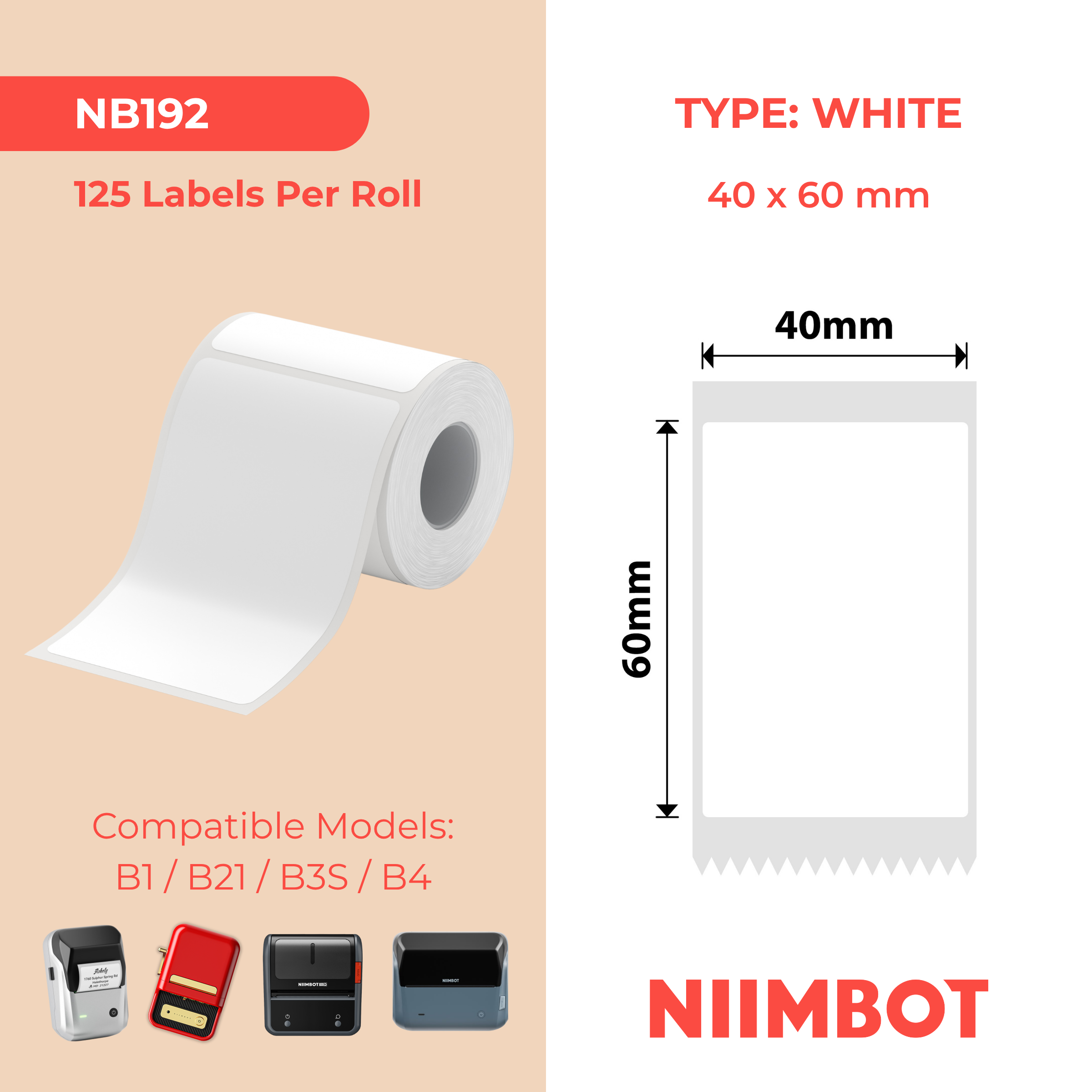 NB192 - NIIMBOT - B1 / B21 / B3S - 40*60MM - 125 ETIKETTE PER ROL - WIT