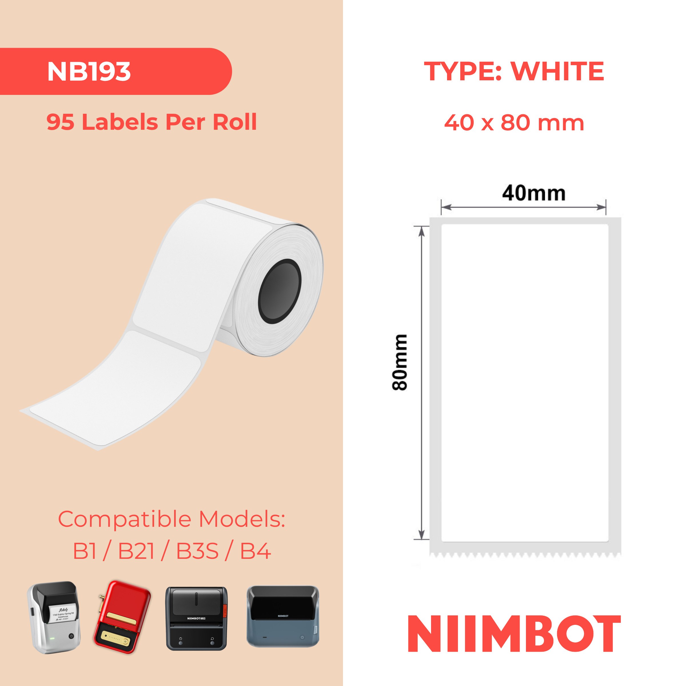 NIIMBOT - B Range - 40x80mm - White - 95 Labels