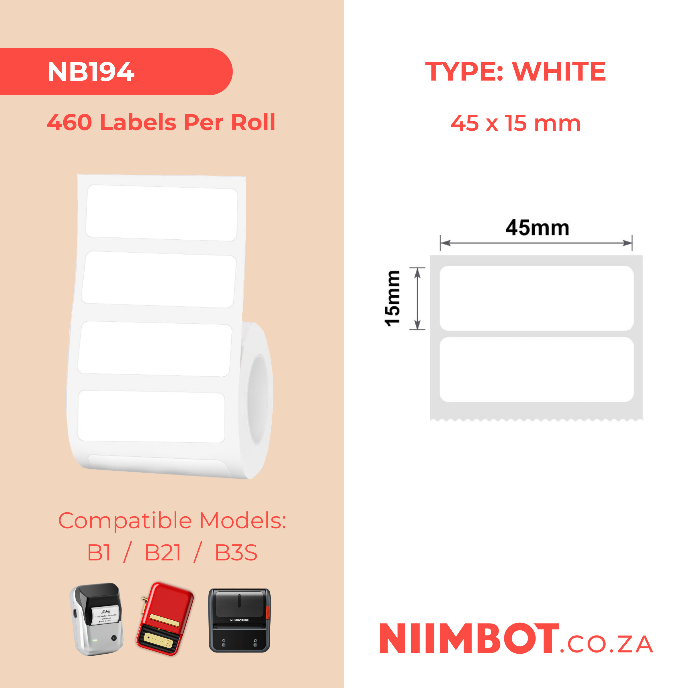 NB194 - NIIMBOT - B1 / B21 / B3S - T45*15MM/2R - 460 LABELS PER ROLL - WHITE