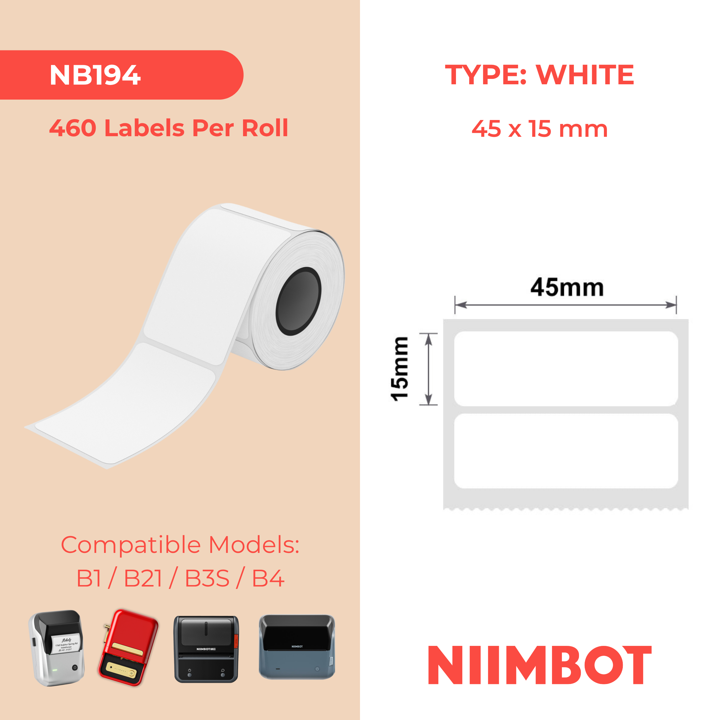 NB194 - NIIMBOT - B1 / B21 / B3S - T45*15MM/2R - 460 ETIKETTE PER ROL - WIT 