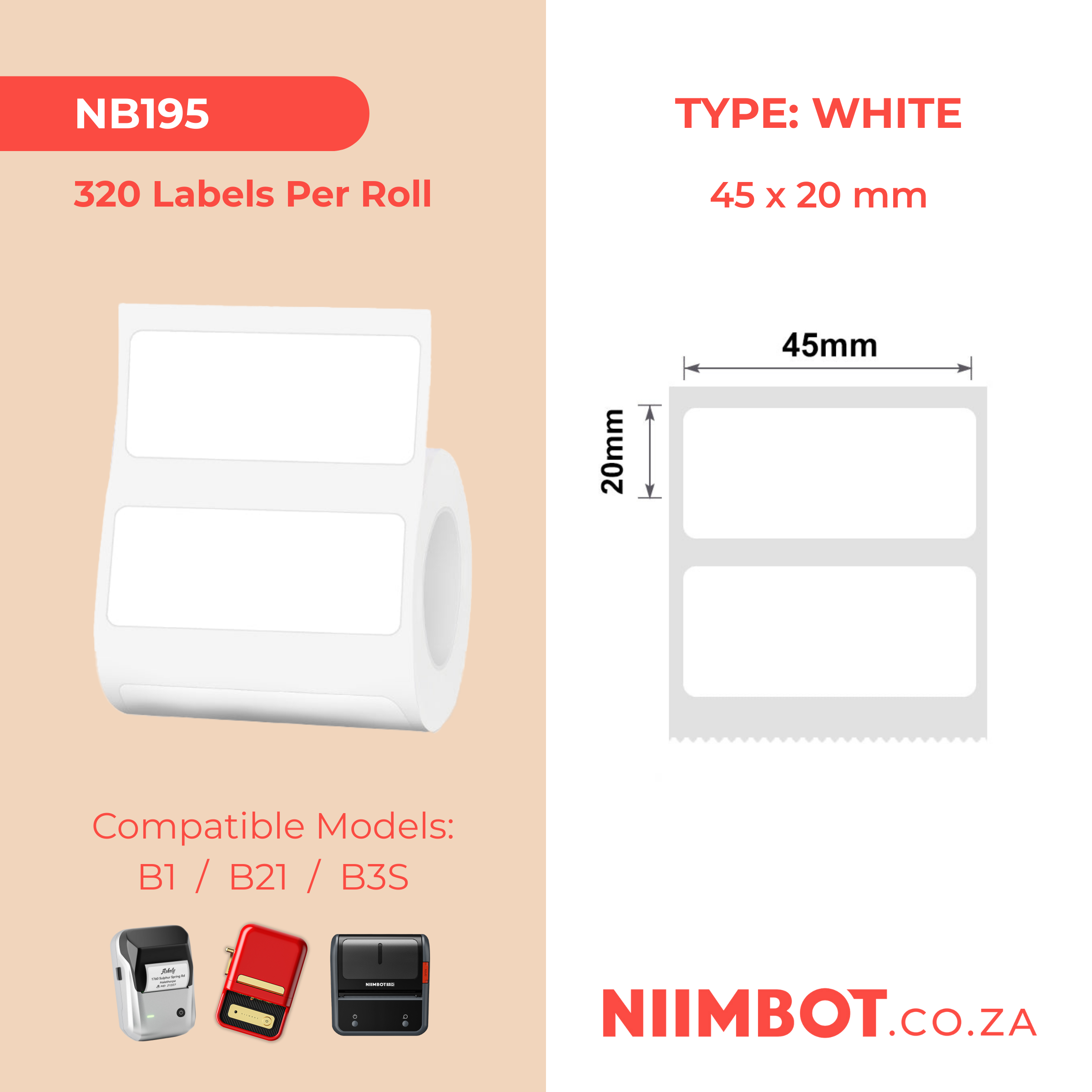 NB195 - NIIMBOT - B1 / B21 / B3S - 45*20MM - 320 LABELS PER ROLL - WHITE
