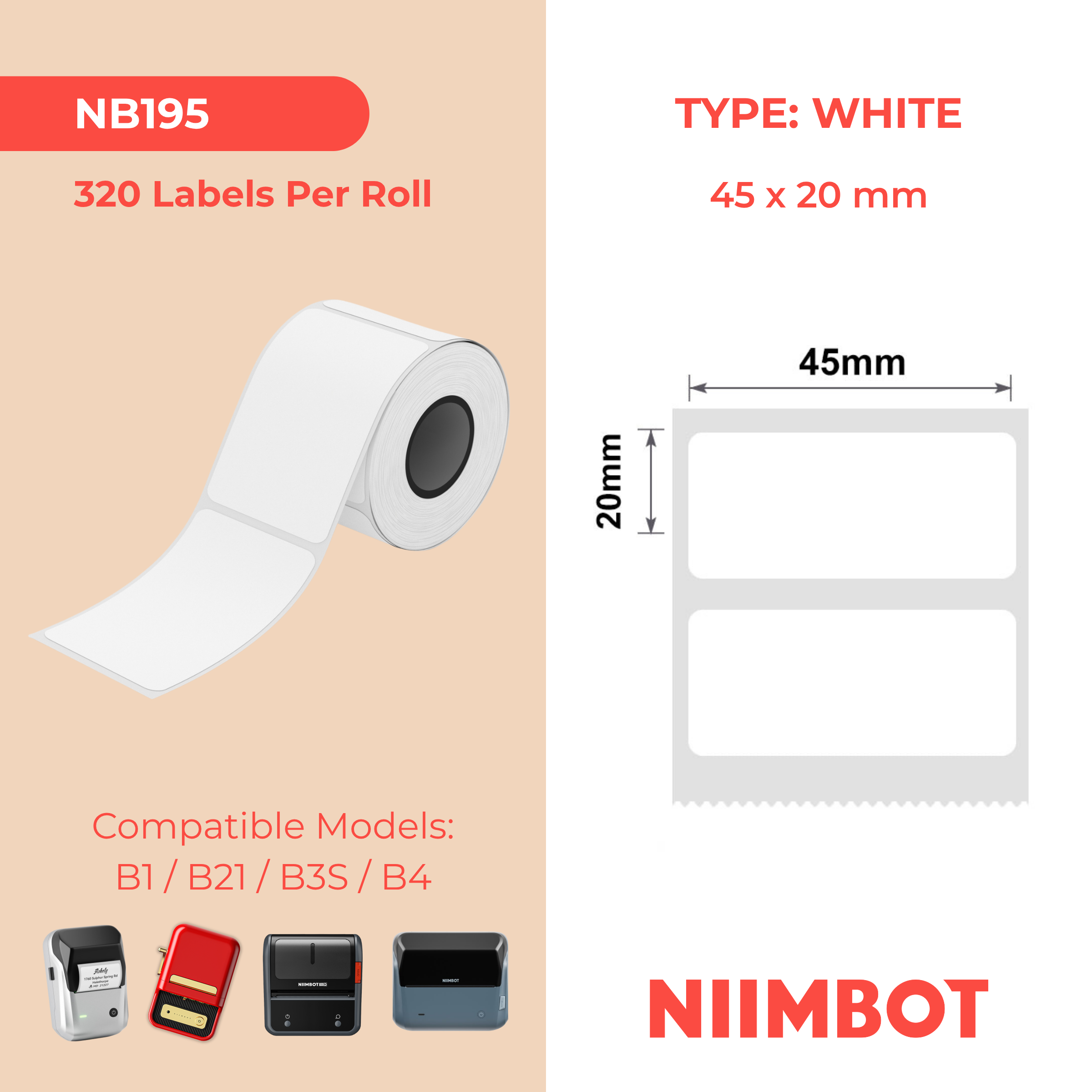 NIIMBOT - B Range - 45x20mm - White - 320 Labels