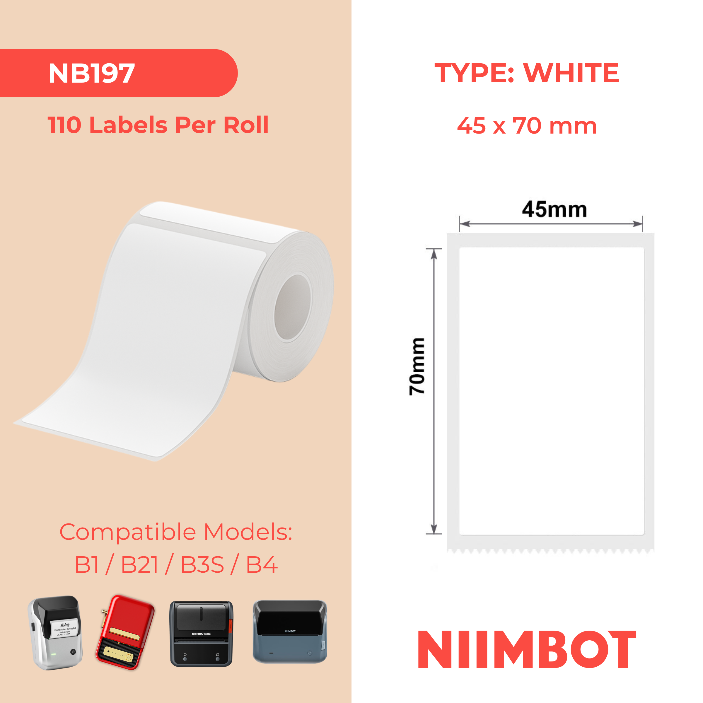 NIIMBOT - B Range - 45x70mm - White - 110 Labels
